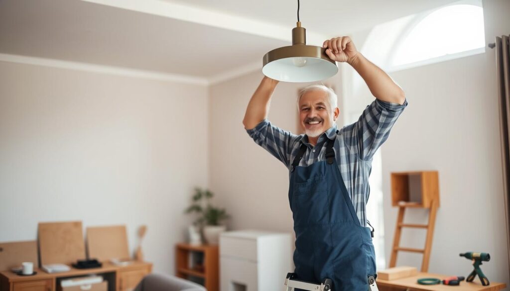 A skilled handyman in professional attire is installing a modern light fixture in a cozy living room. In the foreground, the handyman, a middle-aged man with a friendly expression, is carefully holding the fixture while standing on a sturdy ladder. The middle ground features a partially renovated living space, with a freshly painted wall and tools neatly arranged on a nearby table. The background includes a well-lit window with soft, natural light pouring in and illuminating the scene, creating a warm and inviting atmosphere. The overall mood is one of professionalism and attention to detail, showcasing the range of services provided by a trustworthy handyman in Johannesburg South. A skilled handyman in professional attire is installing a modern light fixture in a cozy living room. In the foreground, the handyman, a middle-aged man with a friendly expression, is carefully holding the fixture while standing on a sturdy ladder. The middle ground features a partially renovated living space, with a freshly painted wall and tools neatly arranged on a nearby table. The background includes a well-lit window with soft, natural light pouring in and illuminating the scene, creating a warm and inviting atmosphere. The overall mood is one of professionalism and attention to detail, showcasing the range of services provided by a trustworthy handyman in Johannesburg South.