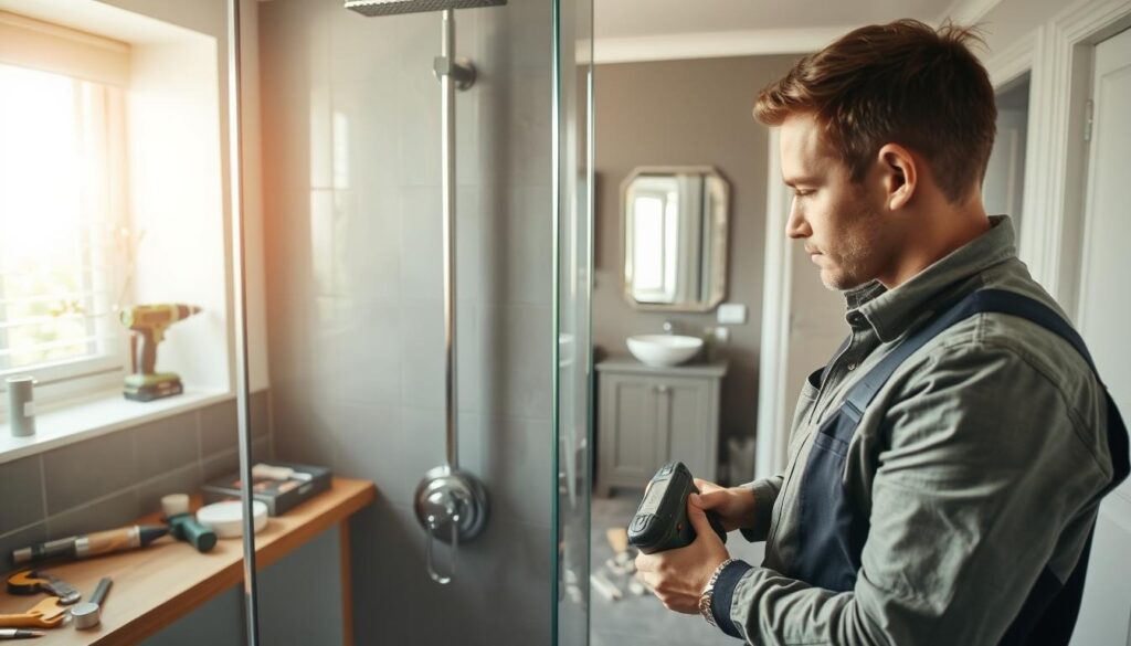 A skilled handyman in professional attire is intently working on a stylish bathroom renovation in a Greenside property. In the foreground, a sleek, half-installed modern shower panel gleams with chrome fixtures and grey tiles. Just behind, a workbench is cluttered with tools like a drill, tile cutter, and plumbing supplies, hinting at the ongoing repair work. The middle ground features a partially renovated bathroom, showcasing elegant fixtures like a polished vanity and an illuminated mirror. In the background, soft sunlight filters in through a window, casting a warm glow over the space, creating an inviting and productive atmosphere. The scene is captured with a wide-angle lens, emphasizing both the detailed craftsmanship and the cozy environment, ensuring a vibrant and motivating ambiance for renovation projects. A skilled handyman in professional attire is intently working on a stylish bathroom renovation in a Greenside property. In the foreground, a sleek, half-installed modern shower panel gleams with chrome fixtures and grey tiles. Just behind, a workbench is cluttered with tools like a drill, tile cutter, and plumbing supplies, hinting at the ongoing repair work. The middle ground features a partially renovated bathroom, showcasing elegant fixtures like a polished vanity and an illuminated mirror. In the background, soft sunlight filters in through a window, casting a warm glow over the space, creating an inviting and productive atmosphere. The scene is captured with a wide-angle lens, emphasizing both the detailed craftsmanship and the cozy environment, ensuring a vibrant and motivating ambiance for renovation projects.
