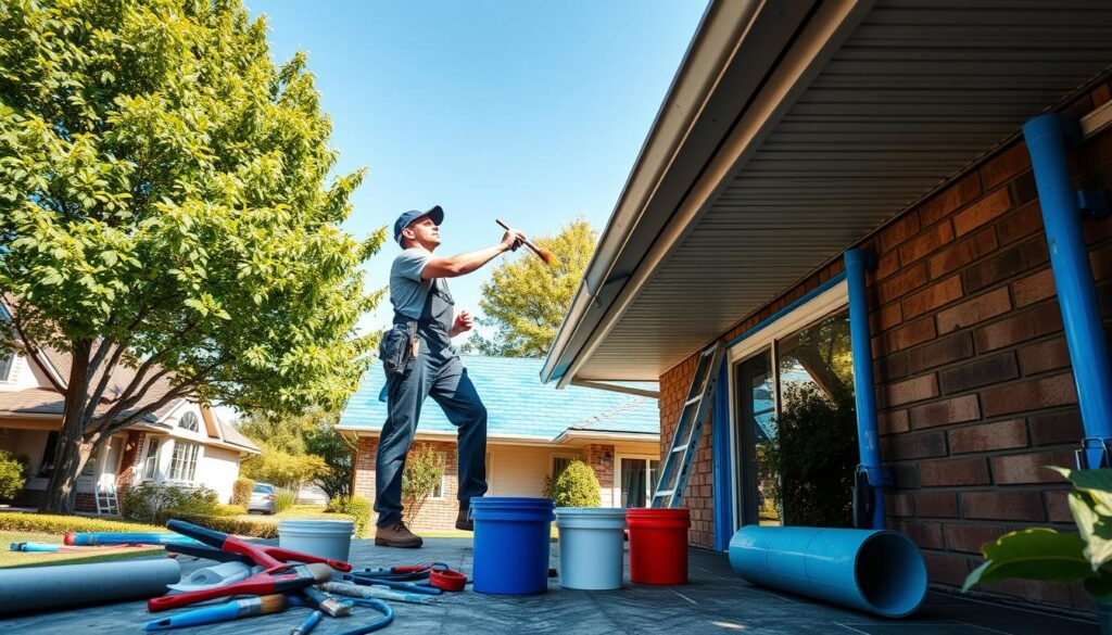 A skilled handyman in professional attire is painting the eaves of a suburban house, detailed with a fresh coat of bright blue paint, showcasing their expertise in roof repair and waterproofing. In the foreground, tools like brushes and buckets of paint are neatly arranged on the ground, surrounded by ladders and rolls of waterproofing material. The middle ground features the textured roof and vibrant paint drying under natural daylight, emphasizing the meticulous workmanship. The background consists of a well-maintained neighborhood with lush green trees and a clear blue sky, evoking a sense of community and home care. Soft shadows cast by the sunlight add depth, creating a warm and inviting atmosphere. The angle is slightly upward, capturing both the handyman's focused expression and the impressive height of the roof. A skilled handyman in professional attire is painting the eaves of a suburban house, detailed with a fresh coat of bright blue paint, showcasing their expertise in roof repair and waterproofing. In the foreground, tools like brushes and buckets of paint are neatly arranged on the ground, surrounded by ladders and rolls of waterproofing material. The middle ground features the textured roof and vibrant paint drying under natural daylight, emphasizing the meticulous workmanship. The background consists of a well-maintained neighborhood with lush green trees and a clear blue sky, evoking a sense of community and home care. Soft shadows cast by the sunlight add depth, creating a warm and inviting atmosphere. The angle is slightly upward, capturing both the handyman's focused expression and the impressive height of the roof.