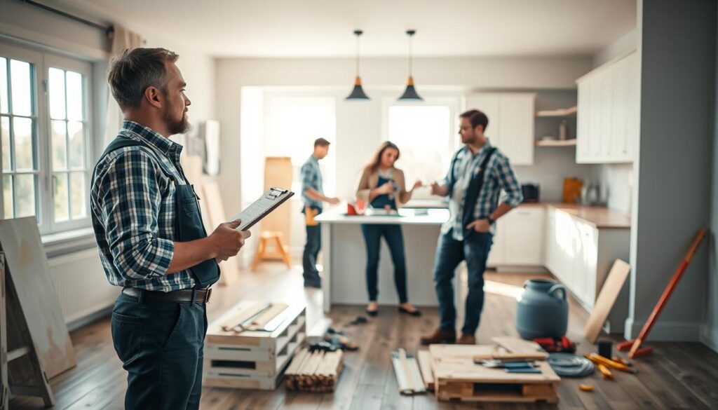 A skilled handyman in professional attire stands in the foreground, actively discussing a project with a homeowner in a well-lit, inviting home setting. The handyman holds a clipboard while gesturing toward a modern kitchen that features ongoing renovations, showcasing tools and materials neatly arranged nearby. In the middle ground, various home improvement tasks are depicted, including painting, plumbing work, and cabinetry installation, all demonstrating the meticulous process from quote to completion. In the background, bright natural light streams through windows, enhancing a warm and collaborative atmosphere. The composition uses a wide-angle lens to capture the depth and detail of the scene, evoking a sense of professionalism and trust. Soft shadows add dimension to the space, creating a calm and focused environment. A skilled handyman in professional attire stands in the foreground, actively discussing a project with a homeowner in a well-lit, inviting home setting. The handyman holds a clipboard while gesturing toward a modern kitchen that features ongoing renovations, showcasing tools and materials neatly arranged nearby. In the middle ground, various home improvement tasks are depicted, including painting, plumbing work, and cabinetry installation, all demonstrating the meticulous process from quote to completion. In the background, bright natural light streams through windows, enhancing a warm and collaborative atmosphere. The composition uses a wide-angle lens to capture the depth and detail of the scene, evoking a sense of professionalism and trust. Soft shadows add dimension to the space, creating a calm and focused environment.