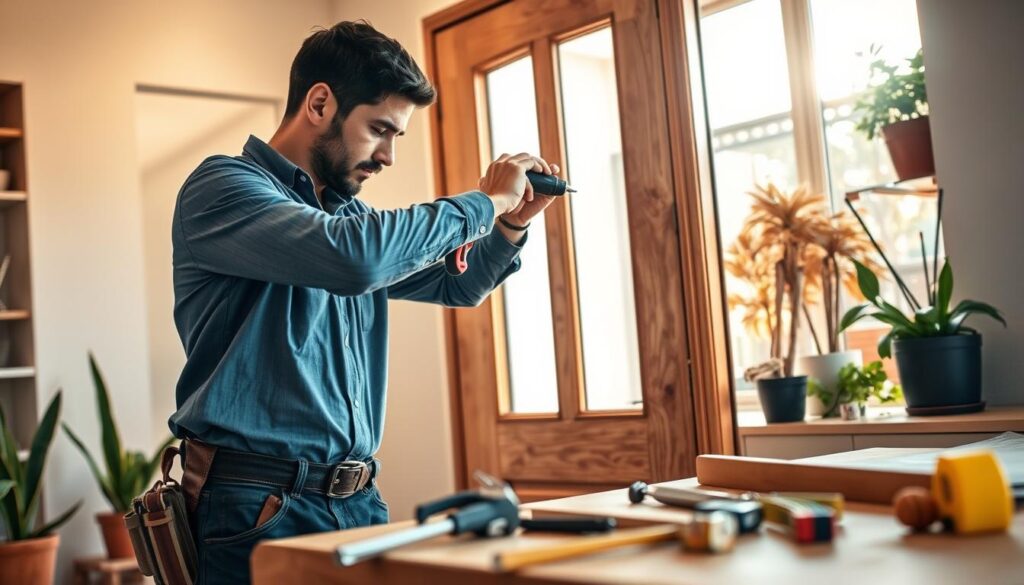A skilled handyman in professional attire, such as a crisp blue shirt and tool belt, is shown in the foreground, actively repairing a wooden door with a power drill. In the middle ground, tools like a hammer, screwdriver, and tape measure are neatly arranged on a workbench, symbolizing efficiency and organization. The background features a bright, well-lit home environment in Pretoria East, with warm sunlight streaming through a window, casting gentle highlights. Potted plants are visible, adding a touch of vibrancy and life to the scene. The mood is focused and industrious, portraying a sense of trust and reliability in handyman services amidst a welcoming atmosphere. A skilled handyman in professional attire, such as a crisp blue shirt and tool belt, is shown in the foreground, actively repairing a wooden door with a power drill. In the middle ground, tools like a hammer, screwdriver, and tape measure are neatly arranged on a workbench, symbolizing efficiency and organization. The background features a bright, well-lit home environment in Pretoria East, with warm sunlight streaming through a window, casting gentle highlights. Potted plants are visible, adding a touch of vibrancy and life to the scene. The mood is focused and industrious, portraying a sense of trust and reliability in handyman services amidst a welcoming atmosphere.