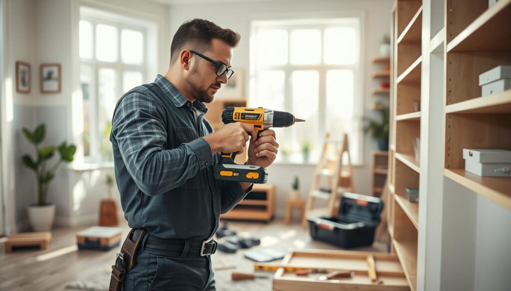 A skilled handyman in professional attire, working diligently on a home improvement project in a bright, well-lit living room. In the foreground, the handyman is using a power drill to install shelves, showcasing tools like a level and a toolbox nearby. In the middle ground, there are partially completed renovations, including a fresh coat of paint on the walls and open tools scattered around. The background features a cozy, well-decorated interior with plants and artwork, subtly hinting at a home environment. Soft, natural lighting streams in through a large window, creating a warm and inviting atmosphere that emphasizes reliability and professionalism in handyman services. The composition should capture a dynamic sense of action and focus on craftsmanship without any distractions. A skilled handyman in professional attire, working diligently on a home improvement project in a bright, well-lit living room. In the foreground, the handyman is using a power drill to install shelves, showcasing tools like a level and a toolbox nearby. In the middle ground, there are partially completed renovations, including a fresh coat of paint on the walls and open tools scattered around. The background features a cozy, well-decorated interior with plants and artwork, subtly hinting at a home environment. Soft, natural lighting streams in through a large window, creating a warm and inviting atmosphere that emphasizes reliability and professionalism in handyman services. The composition should capture a dynamic sense of action and focus on craftsmanship without any distractions.