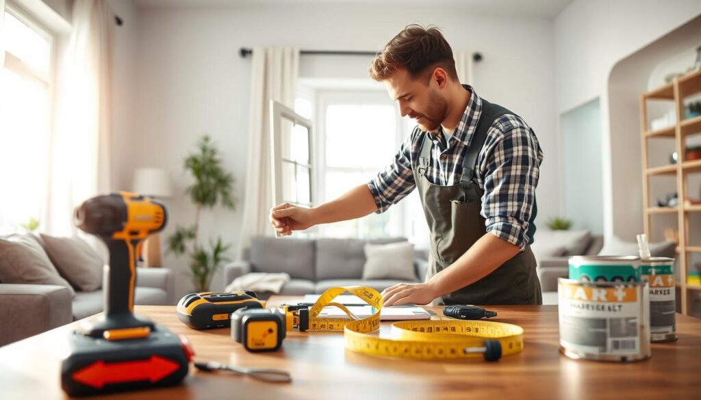 A skilled handyman in professional attire working diligently on home repairs within a spacious, well-lit living room. In the foreground, tools like a cordless drill, a measuring tape, and a paint can are arranged neatly on a table, symbolizing versatility and preparedness. The middle ground showcases the handyman repairing a broken window frame, showcasing focused attention and expertise. Soft, natural light filters through the window, illuminating the scene and creating a warm ambiance. In the background, freshly painted walls and well-organized shelves enhance the feeling of a well-maintained space, emphasizing home improvement and maintenance. The atmosphere is one of professionalism and reliability, inviting homeowners to envision the transformative power of trusted handyman services. A skilled handyman in professional attire working diligently on home repairs within a spacious, well-lit living room. In the foreground, tools like a cordless drill, a measuring tape, and a paint can are arranged neatly on a table, symbolizing versatility and preparedness. The middle ground showcases the handyman repairing a broken window frame, showcasing focused attention and expertise. Soft, natural light filters through the window, illuminating the scene and creating a warm ambiance. In the background, freshly painted walls and well-organized shelves enhance the feeling of a well-maintained space, emphasizing home improvement and maintenance. The atmosphere is one of professionalism and reliability, inviting homeowners to envision the transformative power of trusted handyman services.