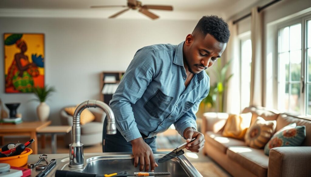A skilled handyman in professional attire working efficiently in a well-lit Soweto home, showcasing various repair tasks. In the foreground, the handyman is focused on repairing a leaky sink, tools neatly arranged around him. In the middle ground, a beautifully decorated living room with vibrant African artwork and colorful cushions creates a warm atmosphere. The background features a sunny garden visible through a window, bringing natural light into the space. The scene conveys a sense of reliability and comfort, emphasizing the handyman's services for every room and task. Use soft, inviting lighting to enhance the overall friendly and professional mood, captured from a slightly elevated angle to provide depth and context. A skilled handyman in professional attire working efficiently in a well-lit Soweto home, showcasing various repair tasks. In the foreground, the handyman is focused on repairing a leaky sink, tools neatly arranged around him. In the middle ground, a beautifully decorated living room with vibrant African artwork and colorful cushions creates a warm atmosphere. The background features a sunny garden visible through a window, bringing natural light into the space. The scene conveys a sense of reliability and comfort, emphasizing the handyman's services for every room and task. Use soft, inviting lighting to enhance the overall friendly and professional mood, captured from a slightly elevated angle to provide depth and context.