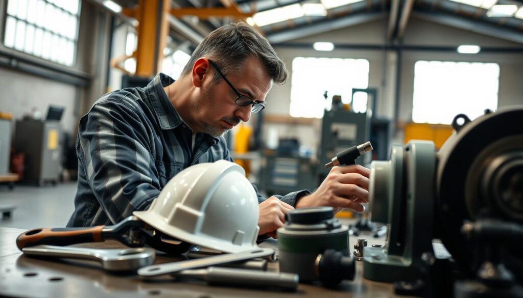 A skilled handyman in professional work attire is focused on performing meticulous factory maintenance in an industrial setting. In the foreground, tools like a wrench and a safety helmet rest on a sturdy workbench illuminated by bright, overhead lights. The handyman, a middle-aged man with a thoughtful expression, is carefully inspecting machinery, showcasing quality workmanship and attention to detail. In the middle ground, clean and organized factory equipment reflects a commitment to safety. The background features a spacious factory with large windows allowing natural light to filter in, adding warmth to the scene. The atmosphere conveys professionalism and competence, emphasizing a focus on safety and proven experience in maintenance work. The angle of the shot is slightly above eye level, capturing both the handyman's focused expression and the well-kept environment. A skilled handyman in professional work attire is focused on performing meticulous factory maintenance in an industrial setting. In the foreground, tools like a wrench and a safety helmet rest on a sturdy workbench illuminated by bright, overhead lights. The handyman, a middle-aged man with a thoughtful expression, is carefully inspecting machinery, showcasing quality workmanship and attention to detail. In the middle ground, clean and organized factory equipment reflects a commitment to safety. The background features a spacious factory with large windows allowing natural light to filter in, adding warmth to the scene. The atmosphere conveys professionalism and competence, emphasizing a focus on safety and proven experience in maintenance work. The angle of the shot is slightly above eye level, capturing both the handyman's focused expression and the well-kept environment.