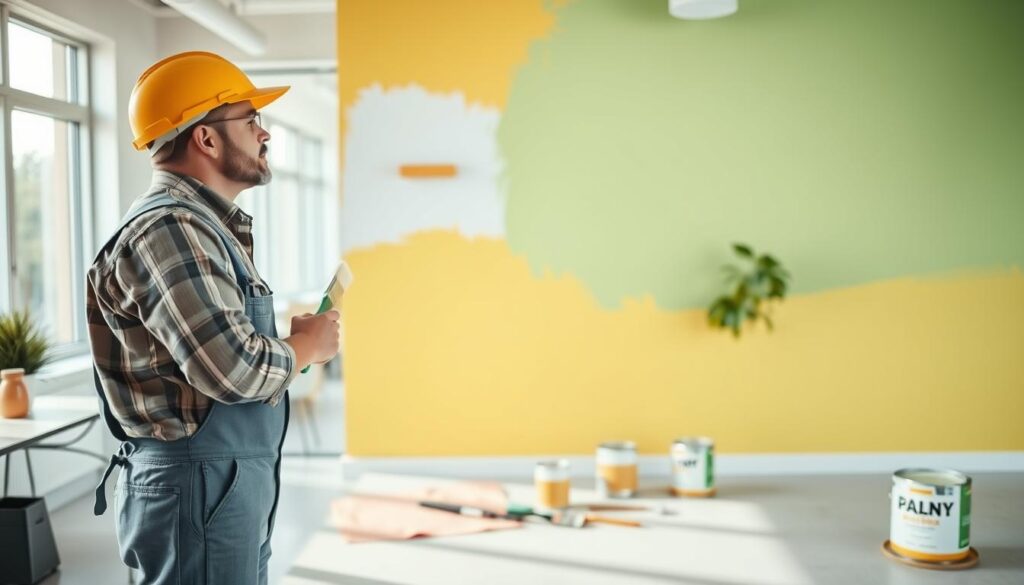 A skilled handyman in professional work attire is painting a vibrant wall in a modern office space, showcasing meticulous painting services. In the foreground, the handyman is carefully applying smooth strokes with a paintbrush, focused and engaged. The middle ground features a clean, organized workspace with paint cans, brushes, and drop cloths. The background reveals a stylish office interior with large windows letting in soft, natural light, enhancing the colors of the freshly painted wall. The atmosphere is calm and professional, reflecting high-quality workmanship. The overall composition is bright and inviting, emphasizing the handyman's expertise in maintaining homes, complexes, and offices. The angle captures the scene from a slightly elevated perspective, revealing both the handyman's actions and the beautiful office environment. A skilled handyman in professional work attire is painting a vibrant wall in a modern office space, showcasing meticulous painting services. In the foreground, the handyman is carefully applying smooth strokes with a paintbrush, focused and engaged. The middle ground features a clean, organized workspace with paint cans, brushes, and drop cloths. The background reveals a stylish office interior with large windows letting in soft, natural light, enhancing the colors of the freshly painted wall. The atmosphere is calm and professional, reflecting high-quality workmanship. The overall composition is bright and inviting, emphasizing the handyman's expertise in maintaining homes, complexes, and offices. The angle captures the scene from a slightly elevated perspective, revealing both the handyman's actions and the beautiful office environment.