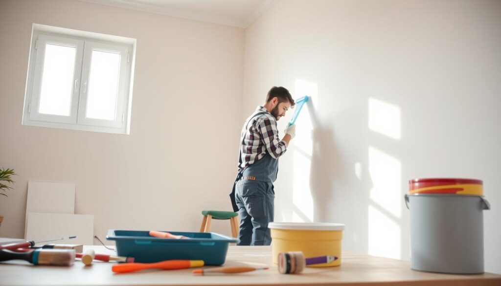 A skilled handyman in professional work attire, meticulously applying a fresh coat of paint to a wall in a bright, well-lit room. In the foreground, paint supplies including brushes, rollers, and trays are neatly organized. The middle ground features the handyman focused on his task, embodying concentration and expertise, while a partially painted wall reveals a clean, professional finish. The background showcases clean lines and muted colors, suggesting a harmonious and modern home environment. Gentle natural light streams in through a window, enhancing the vibrant colors of the paint and creating a warm atmosphere. The overall mood is focused and professional, emphasizing quality workmanship and inviting tranquility. A skilled handyman in professional work attire, meticulously applying a fresh coat of paint to a wall in a bright, well-lit room. In the foreground, paint supplies including brushes, rollers, and trays are neatly organized. The middle ground features the handyman focused on his task, embodying concentration and expertise, while a partially painted wall reveals a clean, professional finish. The background showcases clean lines and muted colors, suggesting a harmonious and modern home environment. Gentle natural light streams in through a window, enhancing the vibrant colors of the paint and creating a warm atmosphere. The overall mood is focused and professional, emphasizing quality workmanship and inviting tranquility.