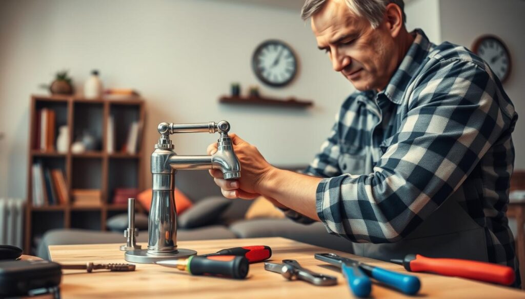 A skilled handyman performing maintenance services in a residential setting. In the foreground, a middle-aged man dressed in professional work attire is fixing a leaky faucet, focused on his task. The midground showcases tools neatly arranged on a workbench beside him, including a wrench, screwdriver, and pliers. In the background, a cozy living room is partially visible, featuring a shelf with home repair books and a wall clock. Soft, warm lighting casts a friendly atmosphere throughout the scene, highlighting the handyman's expertise and dedication. The camera angle is slightly elevated, giving a clear view of both the handyman at work and the organized workspace, emphasizing professionalism and reliability. A skilled handyman performing maintenance services in a residential setting. In the foreground, a middle-aged man dressed in professional work attire is fixing a leaky faucet, focused on his task. The midground showcases tools neatly arranged on a workbench beside him, including a wrench, screwdriver, and pliers. In the background, a cozy living room is partially visible, featuring a shelf with home repair books and a wall clock. Soft, warm lighting casts a friendly atmosphere throughout the scene, highlighting the handyman's expertise and dedication. The camera angle is slightly elevated, giving a clear view of both the handyman at work and the organized workspace, emphasizing professionalism and reliability.