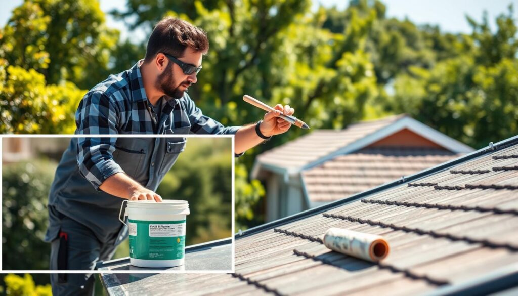 A skilled handyman performing roof waterproofing on a residential home during a clear day in Johannesburg South. In the foreground, the handyman, dressed in a professional work shirt and protective gear, is applying a waterproof sealant to a sloped roof with a brush, showcasing meticulous attention to detail. The middle scene features a close-up of the high-quality materials used for waterproofing, such as a bucket of sealant and tools like a roller and brush. In the background, the home is surrounded by lush greenery, suggesting a peaceful suburban setting. Bright, natural sunlight illuminates the scene, enhancing the vibrant colors and creating a feeling of optimism and readiness for the upcoming rainy season. A skilled handyman performing roof waterproofing on a residential home during a clear day in Johannesburg South. In the foreground, the handyman, dressed in a professional work shirt and protective gear, is applying a waterproof sealant to a sloped roof with a brush, showcasing meticulous attention to detail. The middle scene features a close-up of the high-quality materials used for waterproofing, such as a bucket of sealant and tools like a roller and brush. In the background, the home is surrounded by lush greenery, suggesting a peaceful suburban setting. Bright, natural sunlight illuminates the scene, enhancing the vibrant colors and creating a feeling of optimism and readiness for the upcoming rainy season.