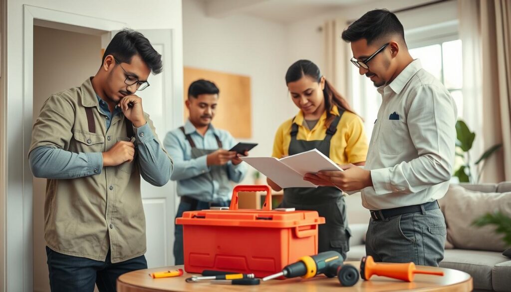 A skilled handyman team in a bright and inviting living room setting, focused on completing various small repair tasks. In the foreground, a diverse group of three professionals, dressed in neat work attire, collaborates efficiently. One technician is tightening a loose cabinet door, while another is patching a wall with quick-drying compound. The third is checking a repair checklist. In the middle, a well-organized toolbox and an array of tools like a screwdriver, hammer, and electric drill are visible on a nearby table. The background showcases a cozy home environment with soft, natural lighting filtering through a window, creating a warm and approachable atmosphere. The overall mood is one of professionalism, teamwork, and prompt service. A skilled handyman team in a bright and inviting living room setting, focused on completing various small repair tasks. In the foreground, a diverse group of three professionals, dressed in neat work attire, collaborates efficiently. One technician is tightening a loose cabinet door, while another is patching a wall with quick-drying compound. The third is checking a repair checklist. In the middle, a well-organized toolbox and an array of tools like a screwdriver, hammer, and electric drill are visible on a nearby table. The background showcases a cozy home environment with soft, natural lighting filtering through a window, creating a warm and approachable atmosphere. The overall mood is one of professionalism, teamwork, and prompt service.