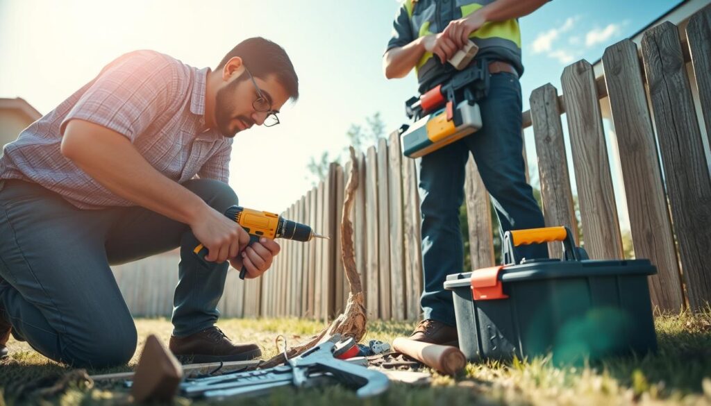 A skilled handyman team quickly working on an urgent repair in a suburban home setting, with tools spread out on the ground. In the foreground, a focused technician wears business casual attire, using a power drill on a broken fence, while another technician nearby holds a toolbox, ready to assist. In the middle, a partially damaged fence can be seen, with splintered wood and tools capturing the urgency of the situation. The background reveals a sunny day with blue skies, providing a sense of reassurance. The lighting is bright, emphasizing the urgency and intensity of the moment, creating a dynamic atmosphere. The angle is slightly low, giving a sense of action while keeping the scene grounded and relatable. A skilled handyman team quickly working on an urgent repair in a suburban home setting, with tools spread out on the ground. In the foreground, a focused technician wears business casual attire, using a power drill on a broken fence, while another technician nearby holds a toolbox, ready to assist. In the middle, a partially damaged fence can be seen, with splintered wood and tools capturing the urgency of the situation. The background reveals a sunny day with blue skies, providing a sense of reassurance. The lighting is bright, emphasizing the urgency and intensity of the moment, creating a dynamic atmosphere. The angle is slightly low, giving a sense of action while keeping the scene grounded and relatable.