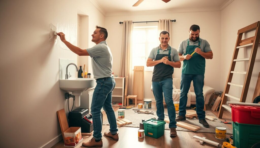 A skilled handyman team working in a cozy home improvement setting in Pretoria, with a warm and inviting atmosphere. In the foreground, a diverse group of three handymen—one woman and two men—are actively engaged in renovation tasks. The woman is painting a wall, wearing a professional polo shirt and jeans, while one man is fixing a leaky sink and the other is measuring wood for a new shelf. The middle ground features a partially renovated living room, showcasing tools and materials scattered around, such as a toolbox, paint cans, and a ladder. The background reveals a sunny window letting in warm natural light, highlighting the cheerful, industrious mood. The camera angle is slightly low, capturing the action and teamwork, with vibrant colors to convey a sense of progress and satisfaction. A skilled handyman team working in a cozy home improvement setting in Pretoria, with a warm and inviting atmosphere. In the foreground, a diverse group of three handymen—one woman and two men—are actively engaged in renovation tasks. The woman is painting a wall, wearing a professional polo shirt and jeans, while one man is fixing a leaky sink and the other is measuring wood for a new shelf. The middle ground features a partially renovated living room, showcasing tools and materials scattered around, such as a toolbox, paint cans, and a ladder. The background reveals a sunny window letting in warm natural light, highlighting the cheerful, industrious mood. The camera angle is slightly low, capturing the action and teamwork, with vibrant colors to convey a sense of progress and satisfaction.