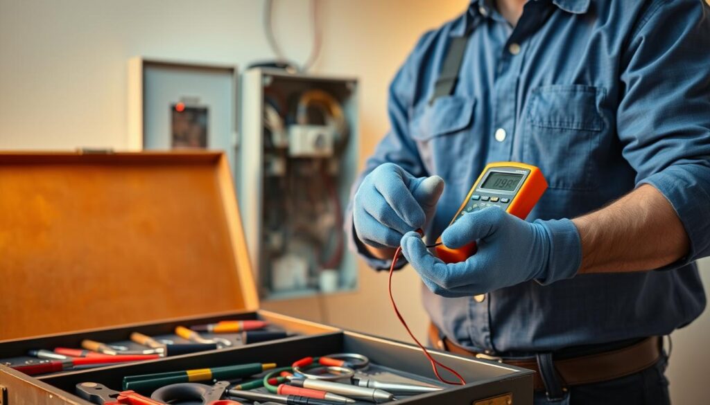 A skilled handyman wearing a neat blue work shirt and protective gloves is standing in a well-lit room, focused on conducting electrical repairs. In the foreground, he is using a multimeter to check voltage on a circuit board, displaying precision and expertise. The middle ground features an organized toolbox with various tools such as pliers, screwdrivers, and wire strippers, all arranged methodically. The background shows an electrical panel with visible wires, accentuated by warm, soft lighting that creates a safe and professional atmosphere. The composition should be captured from a slightly elevated angle to highlight the technician's careful work. Overall, the image evokes a sense of competence, safety, and professionalism in electrical repairs. A skilled handyman wearing a neat blue work shirt and protective gloves is standing in a well-lit room, focused on conducting electrical repairs. In the foreground, he is using a multimeter to check voltage on a circuit board, displaying precision and expertise. The middle ground features an organized toolbox with various tools such as pliers, screwdrivers, and wire strippers, all arranged methodically. The background shows an electrical panel with visible wires, accentuated by warm, soft lighting that creates a safe and professional atmosphere. The composition should be captured from a slightly elevated angle to highlight the technician's careful work. Overall, the image evokes a sense of competence, safety, and professionalism in electrical repairs.