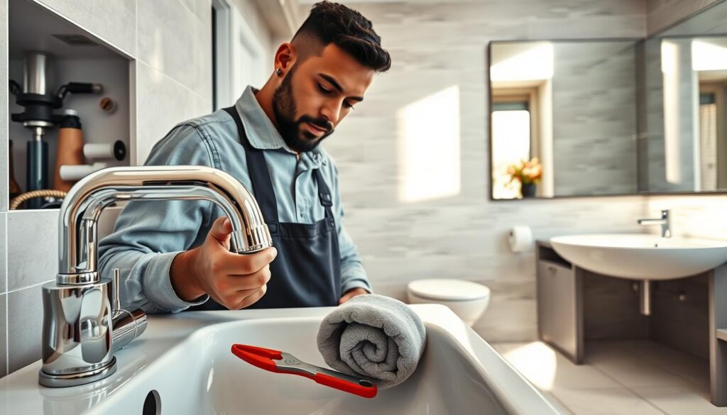 A skilled handyman wearing a smart casual outfit inspects plumbing fixtures in a well-lit, modern bathroom. In the foreground, a shiny chrome faucet gleams next to a polished sink, with tools like a wrench and pliers placed neatly beside a rolled-up towel. The middle ground features a semi-open cabinet showing neatly arranged plumbing supplies, emphasizing the handyman’s organization and expertise. In the background, a freshly tiled wall with elegant tiles and a large mirror reflects natural light pouring in from a nearby window, creating a welcoming atmosphere. The overall mood is professional and efficient, highlighting a blend of functionality and aesthetic appeal in a typical urban Johannesburg home. A skilled handyman wearing a smart casual outfit inspects plumbing fixtures in a well-lit, modern bathroom. In the foreground, a shiny chrome faucet gleams next to a polished sink, with tools like a wrench and pliers placed neatly beside a rolled-up towel. The middle ground features a semi-open cabinet showing neatly arranged plumbing supplies, emphasizing the handyman’s organization and expertise. In the background, a freshly tiled wall with elegant tiles and a large mirror reflects natural light pouring in from a nearby window, creating a welcoming atmosphere. The overall mood is professional and efficient, highlighting a blend of functionality and aesthetic appeal in a typical urban Johannesburg home.