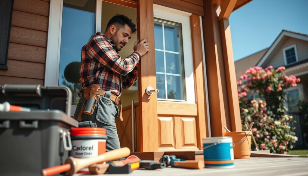 A skilled handyman wearing a tool belt and a plaid shirt is attentively repairing a wooden door at a cozy suburban home, surrounded by various tools like a hammer, screwdriver, and level, all neatly arranged. The foreground features a toolbox and paint cans to indicate ongoing home improvement tasks. In the middle ground, the handyman focuses on the door's hinges while a freshly painted window is visible beside him, suggesting a recent upgrade. The background showcases a well-kept garden with blooming flowers under a clear blue sky, enhancing the domestic atmosphere. The lighting is warm and inviting, with soft sunlight illuminating the scene, creating a cheerful and productive mood. The angle is slightly elevated, capturing both the handyman’s diligent work and the charming details of the home surroundings. A skilled handyman wearing a tool belt and a plaid shirt is attentively repairing a wooden door at a cozy suburban home, surrounded by various tools like a hammer, screwdriver, and level, all neatly arranged. The foreground features a toolbox and paint cans to indicate ongoing home improvement tasks. In the middle ground, the handyman focuses on the door's hinges while a freshly painted window is visible beside him, suggesting a recent upgrade. The background showcases a well-kept garden with blooming flowers under a clear blue sky, enhancing the domestic atmosphere. The lighting is warm and inviting, with soft sunlight illuminating the scene, creating a cheerful and productive mood. The angle is slightly elevated, capturing both the handyman’s diligent work and the charming details of the home surroundings.