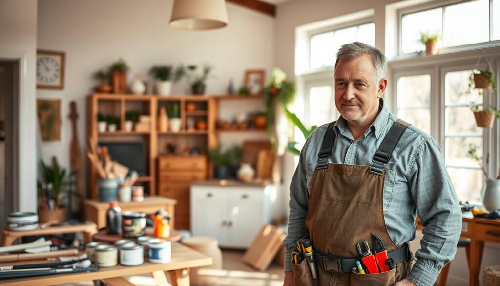 A skilled handyman working diligently in a bright, airy room of a charming home in Blairgowrie, Randburg. In the foreground, the handyman, a middle-aged man in professional work attire, is focused on repairing a wooden cabinet. He has short, neatly styled hair and wears a tool belt filled with various tools. In the middle ground, a well-organized workspace is visible, showcasing tools, paint cans, and completed home improvement projects. The background features large windows letting in warm, natural light, illuminating the cozy interior filled with plants and decor. The overall mood is friendly and inviting, conveying professionalism and trust. The image captures a sense of reliability and community, perfect for illustrating home improvement services. A skilled handyman working diligently in a bright, airy room of a charming home in Blairgowrie, Randburg. In the foreground, the handyman, a middle-aged man in professional work attire, is focused on repairing a wooden cabinet. He has short, neatly styled hair and wears a tool belt filled with various tools. In the middle ground, a well-organized workspace is visible, showcasing tools, paint cans, and completed home improvement projects. The background features large windows letting in warm, natural light, illuminating the cozy interior filled with plants and decor. The overall mood is friendly and inviting, conveying professionalism and trust. The image captures a sense of reliability and community, perfect for illustrating home improvement services.