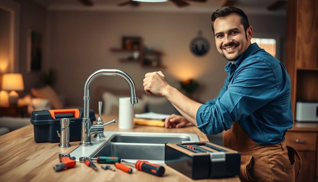 A skilled handyman working diligently in a cozy, well-lit home setting in Wonderboom, Pretoria. In the foreground, a friendly male handyman wearing a blue shirt and tool belt is fixing a leaky faucet at a kitchen sink, showcasing his expertise. In the middle, tools like a wrench, screwdriver, and a toolbox are neatly arranged on the countertop, emphasizing professionalism and readiness. In the background, there are hints of a warm, inviting living space, with soft lighting that creates a welcoming atmosphere. The scene is captured from a slightly elevated angle, allowing for a clear view of both the handyman's focused expression and the tidy home environment. The overall mood conveys trust, skill, and helpfulness in local handyman services. A skilled handyman working diligently in a cozy, well-lit home setting in Wonderboom, Pretoria. In the foreground, a friendly male handyman wearing a blue shirt and tool belt is fixing a leaky faucet at a kitchen sink, showcasing his expertise. In the middle, tools like a wrench, screwdriver, and a toolbox are neatly arranged on the countertop, emphasizing professionalism and readiness. In the background, there are hints of a warm, inviting living space, with soft lighting that creates a welcoming atmosphere. The scene is captured from a slightly elevated angle, allowing for a clear view of both the handyman's focused expression and the tidy home environment. The overall mood conveys trust, skill, and helpfulness in local handyman services.