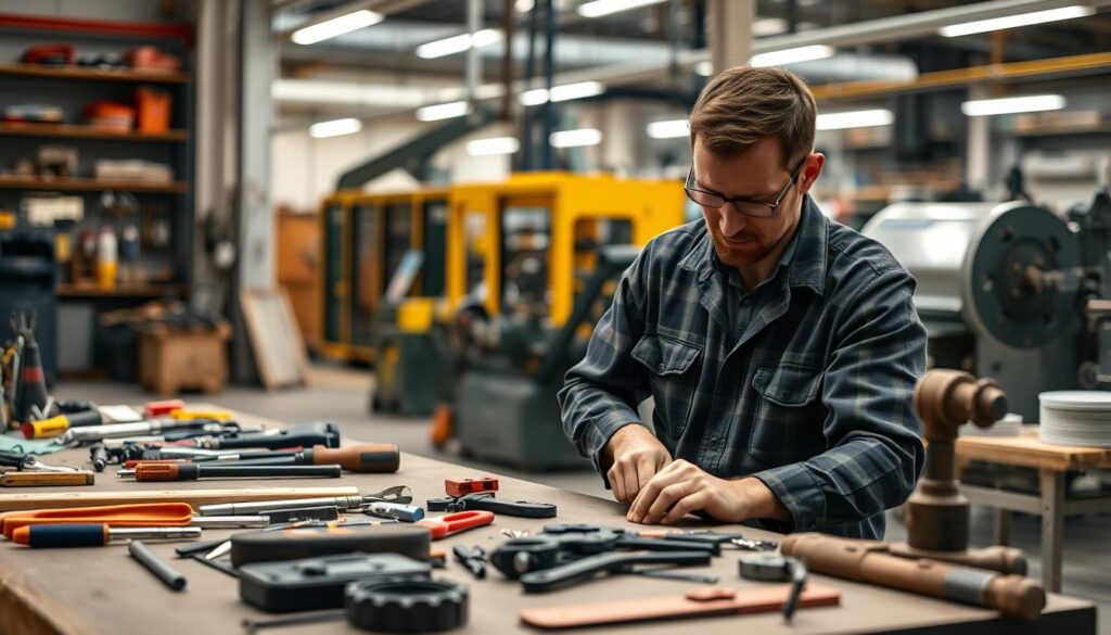 A skilled handyman working diligently in a factory setting, showcasing core trade services such as plumbing, electrical work, and carpentry. In the foreground, the handyman, dressed in smart casual work attire, is focused on repairing machinery, with tools laid out neatly beside him. The middle ground features a workshop with various tools and materials organized and ready for use, emphasizing a professional work environment. In the background, factory machinery is visible, with soft lighting illuminating the area to create a warm and inviting atmosphere. The angle is slightly elevated to capture both the intricate details of the repair work and the overall organization of the workshop, conveying a sense of efficiency and craftsmanship. A skilled handyman working diligently in a factory setting, showcasing core trade services such as plumbing, electrical work, and carpentry. In the foreground, the handyman, dressed in smart casual work attire, is focused on repairing machinery, with tools laid out neatly beside him. The middle ground features a workshop with various tools and materials organized and ready for use, emphasizing a professional work environment. In the background, factory machinery is visible, with soft lighting illuminating the area to create a warm and inviting atmosphere. The angle is slightly elevated to capture both the intricate details of the repair work and the overall organization of the workshop, conveying a sense of efficiency and craftsmanship.