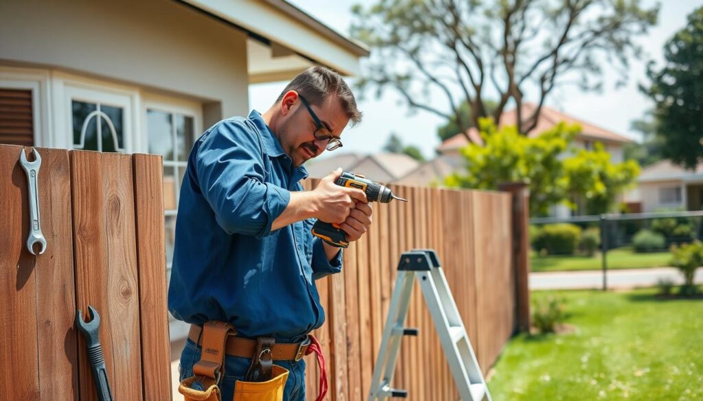 A skilled handyman working diligently in a suburban Muldersdrift setting, showcasing various handyman tools like a drill, wrench, and ladder. In the foreground, the handyman, wearing a professional blue shirt and tool belt, is fixing a wooden fence, displaying focus and expertise. The middle ground features a partially renovated home, with freshly painted walls and neatly stacked tools, emphasizing a commitment to quality. In the background, a sunny day highlights lush greenery and typical West Rand homes, creating a warm and inviting atmosphere. Soft, natural lighting enhances the scene, lending a sense of tranquility and reliability to the image, while a slight depth of field blurs the background, directing attention to the handyman's work. A skilled handyman working diligently in a suburban Muldersdrift setting, showcasing various handyman tools like a drill, wrench, and ladder. In the foreground, the handyman, wearing a professional blue shirt and tool belt, is fixing a wooden fence, displaying focus and expertise. The middle ground features a partially renovated home, with freshly painted walls and neatly stacked tools, emphasizing a commitment to quality. In the background, a sunny day highlights lush greenery and typical West Rand homes, creating a warm and inviting atmosphere. Soft, natural lighting enhances the scene, lending a sense of tranquility and reliability to the image, while a slight depth of field blurs the background, directing attention to the handyman's work.