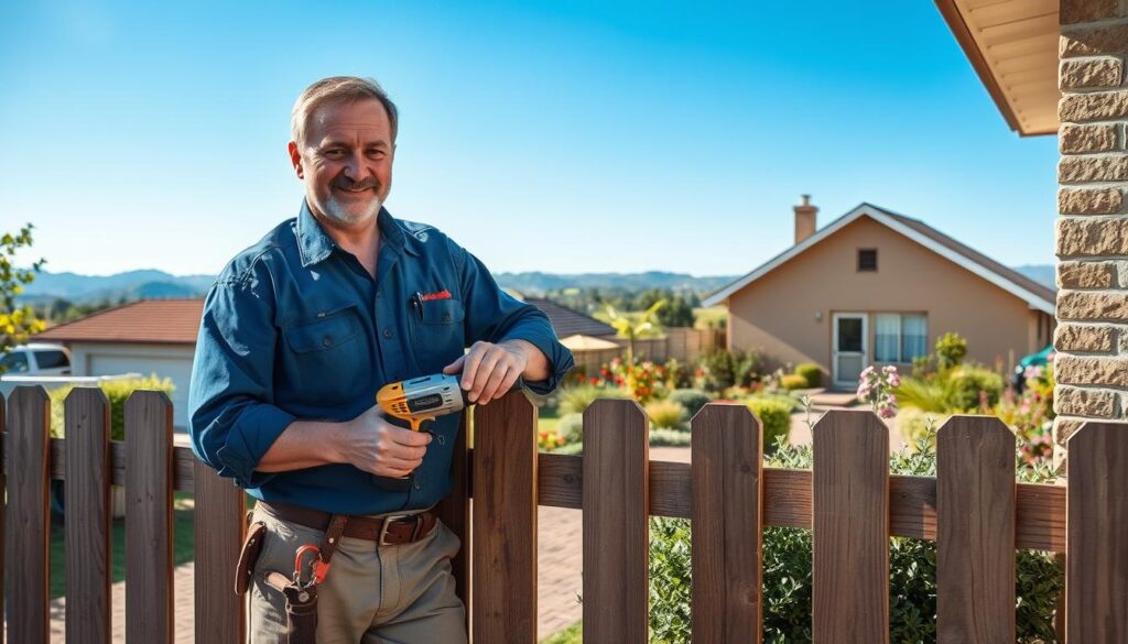 A skilled handyman working diligently in a suburban neighborhood near Gold Reef City. In the foreground, a middle-aged man in a blue work shirt and khaki pants, expertly repairing a wooden fence. Tools like a saw and drill are neatly organized beside him. In the middle ground, a charming house with a well-kept garden, showcasing vibrant flowers and greenery. The background features distant rolling hills under a bright blue sky, suggesting a sunny day. Soft, natural lighting illuminates the scene, highlighting the handyman's focused expression. The overall atmosphere is inviting and professional, conveying trust and reliability in handyman services. A skilled handyman working diligently in a suburban neighborhood near Gold Reef City. In the foreground, a middle-aged man in a blue work shirt and khaki pants, expertly repairing a wooden fence. Tools like a saw and drill are neatly organized beside him. In the middle ground, a charming house with a well-kept garden, showcasing vibrant flowers and greenery. The background features distant rolling hills under a bright blue sky, suggesting a sunny day. Soft, natural lighting illuminates the scene, highlighting the handyman's focused expression. The overall atmosphere is inviting and professional, conveying trust and reliability in handyman services.