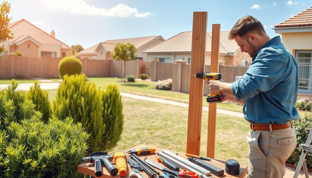 A skilled handyman working diligently in a well-maintained suburban property in Lanseria. In the foreground, the handyman, wearing a blue work shirt and khaki pants, is using a power drill to install a wooden fence panel. In the middle ground, freshly trimmed greenery under a clear blue sky adds a vibrant touch, while various tools are organized neatly on a workbench nearby. In the background, charming Midrand homes with well-kept yards and flowering shrubs enhance the community vibe. Soft, natural sunlight bathes the scene, creating a warm and welcoming atmosphere. The image is captured at a slightly elevated angle, showcasing both the handyman’s focused effort and the inviting surroundings. A skilled handyman working diligently in a well-maintained suburban property in Lanseria. In the foreground, the handyman, wearing a blue work shirt and khaki pants, is using a power drill to install a wooden fence panel. In the middle ground, freshly trimmed greenery under a clear blue sky adds a vibrant touch, while various tools are organized neatly on a workbench nearby. In the background, charming Midrand homes with well-kept yards and flowering shrubs enhance the community vibe. Soft, natural sunlight bathes the scene, creating a warm and welcoming atmosphere. The image is captured at a slightly elevated angle, showcasing both the handyman’s focused effort and the inviting surroundings.