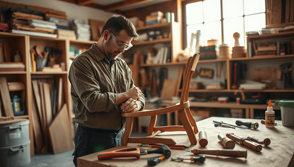 A skilled handyman working diligently inside a cozy, well-lit workshop, surrounded by high-quality tools and materials. In the foreground, focus on the handyman, dressed in a neat work shirt and safety goggles, meticulously repairing a wooden chair, showcasing attention to detail and craftsmanship. In the middle, various tools like a hammer, screwdriver, and wood glue are neatly organized on a workbench, highlighting a sense of order and professionalism. The background features shelves filled with neatly arranged supplies, bathed in warm, natural light coming through a large window, creating an inviting atmosphere. The overall mood is one of dedication and expertise, emphasizing quality work that lasts. The scene captures both the process and the pride in workmanship, devoid of any distractions or text. A skilled handyman working diligently inside a cozy, well-lit workshop, surrounded by high-quality tools and materials. In the foreground, focus on the handyman, dressed in a neat work shirt and safety goggles, meticulously repairing a wooden chair, showcasing attention to detail and craftsmanship. In the middle, various tools like a hammer, screwdriver, and wood glue are neatly organized on a workbench, highlighting a sense of order and professionalism. The background features shelves filled with neatly arranged supplies, bathed in warm, natural light coming through a large window, creating an inviting atmosphere. The overall mood is one of dedication and expertise, emphasizing quality work that lasts. The scene captures both the process and the pride in workmanship, devoid of any distractions or text.