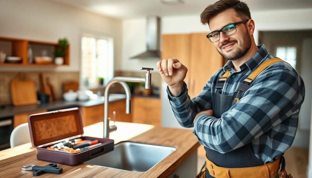 A skilled handyman working in a suburban home setting in Garsfontein, Pretoria East. The foreground features a confident man in professional work attire, including a tool belt and safety glasses, expertly repairing a kitchen faucet. In the middle ground, a neatly organized toolbox and various tools are displayed on a wooden workbench, reflecting his craftsmanship. The background shows a cozy, well-lit kitchen with warm colors and modern appliances, enhancing the inviting atmosphere. Natural light streams through a window, creating soft shadows that add depth. The image conveys trust and professionalism, highlighting local handyman services in a residential context. A skilled handyman working in a suburban home setting in Garsfontein, Pretoria East. The foreground features a confident man in professional work attire, including a tool belt and safety glasses, expertly repairing a kitchen faucet. In the middle ground, a neatly organized toolbox and various tools are displayed on a wooden workbench, reflecting his craftsmanship. The background shows a cozy, well-lit kitchen with warm colors and modern appliances, enhancing the inviting atmosphere. Natural light streams through a window, creating soft shadows that add depth. The image conveys trust and professionalism, highlighting local handyman services in a residential context.
