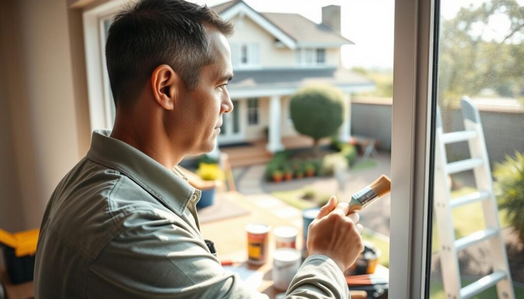 A skilled handyman working on a home maintenance task in Sunninghill, Sandton. In the foreground, a focused middle-aged man in professional attire is painting a window frame, showcasing attention to detail. He holds a paintbrush with vibrant colors around him. In the middle background, you can see various handyman tools organized neatly on a workbench, including a toolbox, paint cans, and a ladder. The background features a charming suburban home with a well-maintained garden under bright, natural sunlight, creating a warm and inviting atmosphere. The scene is captured from a slightly elevated angle, emulating a candid moment, with soft, diffused lighting to enhance the professional yet relaxed mood of the handyman services offered. A skilled handyman working on a home maintenance task in Sunninghill, Sandton. In the foreground, a focused middle-aged man in professional attire is painting a window frame, showcasing attention to detail. He holds a paintbrush with vibrant colors around him. In the middle background, you can see various handyman tools organized neatly on a workbench, including a toolbox, paint cans, and a ladder. The background features a charming suburban home with a well-maintained garden under bright, natural sunlight, creating a warm and inviting atmosphere. The scene is captured from a slightly elevated angle, emulating a candid moment, with soft, diffused lighting to enhance the professional yet relaxed mood of the handyman services offered.