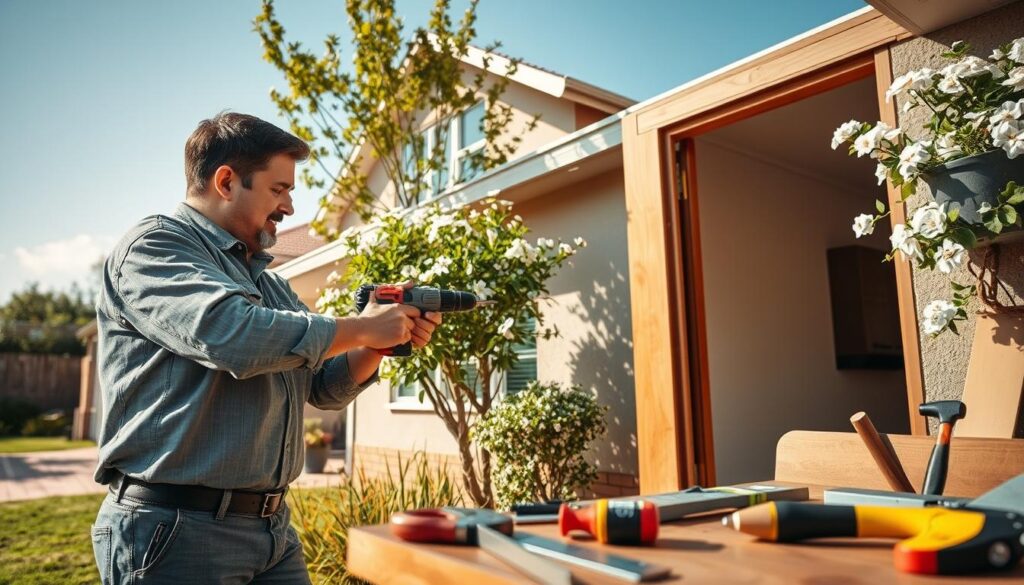 A skilled handyman working on a home repair in a cozy suburban setting. In the foreground, a professional handyman in a modest, casual outfit is using a drill to fix a wooden door, showcasing expertise and focus. The middle ground features a neatly organized workbench with various tools like a hammer, tape measure, and saw, indicating a well-prepared and efficient workspace. In the background, a well-maintained house surrounded by greenery and blooming flowers reflects the beauty of Ruimsig Estate, with clear blue skies overhead. The lighting is warm and inviting, enhancing the friendly and approachable atmosphere of local handyman services. The angle captures a sense of depth and perspective, bringing the scene to life. No text, logos, or watermarks are present. A skilled handyman working on a home repair in a cozy suburban setting. In the foreground, a professional handyman in a modest, casual outfit is using a drill to fix a wooden door, showcasing expertise and focus. The middle ground features a neatly organized workbench with various tools like a hammer, tape measure, and saw, indicating a well-prepared and efficient workspace. In the background, a well-maintained house surrounded by greenery and blooming flowers reflects the beauty of Ruimsig Estate, with clear blue skies overhead. The lighting is warm and inviting, enhancing the friendly and approachable atmosphere of local handyman services. The angle captures a sense of depth and perspective, bringing the scene to life. No text, logos, or watermarks are present.