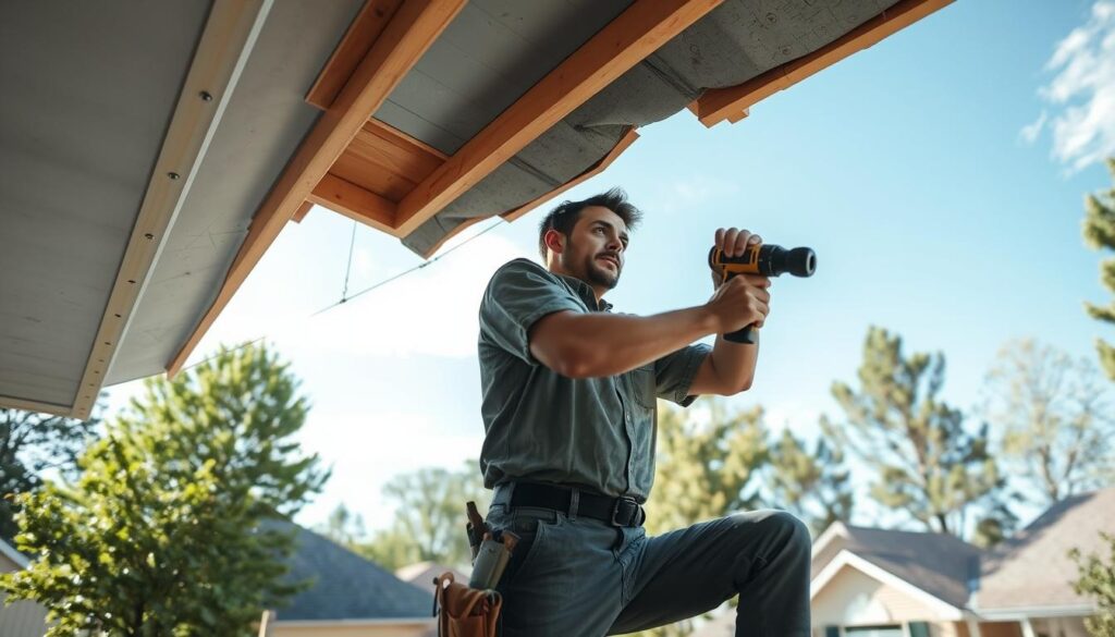 A skilled handyman working on a residential roof and ceiling, focused on repairing and maintaining structures. In the foreground, the handyman, dressed in modest casual clothing, is using tools like a hammer and drill, showing concentration and expertise. The middle ground features a partially completed roof, with wooden beams and shingles in view, showcasing the ongoing renovation work. In the background, a suburban neighborhood with trees and blue skies creates a serene atmosphere. The lighting is soft yet bright, suggesting a sunny day, highlighting the textures of the roofing materials. The perspective captures a slight angle from below, emphasizing the height of the roof and the active work of the handyman, conveying a mood of professionalism and reliability. A skilled handyman working on a residential roof and ceiling, focused on repairing and maintaining structures. In the foreground, the handyman, dressed in modest casual clothing, is using tools like a hammer and drill, showing concentration and expertise. The middle ground features a partially completed roof, with wooden beams and shingles in view, showcasing the ongoing renovation work. In the background, a suburban neighborhood with trees and blue skies creates a serene atmosphere. The lighting is soft yet bright, suggesting a sunny day, highlighting the textures of the roofing materials. The perspective captures a slight angle from below, emphasizing the height of the roof and the active work of the handyman, conveying a mood of professionalism and reliability.