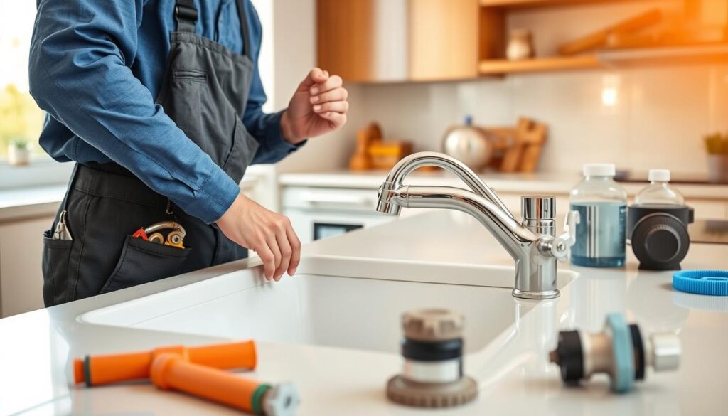 A skilled plumber working on a modern kitchen sink, showcasing various plumbing tools and materials scattered around. In the foreground, the plumber, dressed in a professional blue uniform with a tool belt, focuses intently on fixing a faucet. The middle ground features a sleek countertop with a shiny faucet, pipes, and water-saving devices like a flow restrictor. The background displays a well-lit kitchen with warm, natural light filtering through a window, creating an inviting atmosphere. The scene captures the essence of plumbing services, emphasizing professionalism and expertise in water-saving repairs, with a clean and tidy aesthetic. The image should be bright and well-composed, shot from a slight angle to highlight the plumber's work. A skilled plumber working on a modern kitchen sink, showcasing various plumbing tools and materials scattered around. In the foreground, the plumber, dressed in a professional blue uniform with a tool belt, focuses intently on fixing a faucet. The middle ground features a sleek countertop with a shiny faucet, pipes, and water-saving devices like a flow restrictor. The background displays a well-lit kitchen with warm, natural light filtering through a window, creating an inviting atmosphere. The scene captures the essence of plumbing services, emphasizing professionalism and expertise in water-saving repairs, with a clean and tidy aesthetic. The image should be bright and well-composed, shot from a slight angle to highlight the plumber's work.