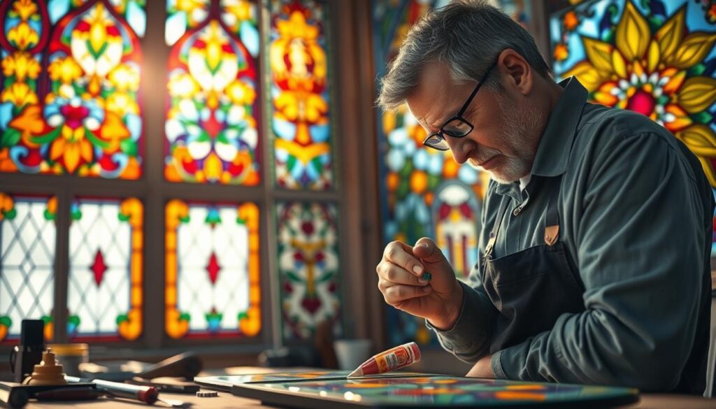 A skilled stained glass artisan diligently restoring a large, intricate stained glass window in a bright workshop. In the foreground, the artisan, wearing professional attire, carefully applies a glass adhesive to a colorful piece of glass, with tools like a glass cutter and soldering iron beside them. The middle ground features several beautiful stained glass panels showcasing lush colors and detailed designs, reflecting light in vibrant patterns. In the background, large windows allow warm, soft sunlight to illuminate the space, creating a serene and focused atmosphere. The scene conveys dedication and artistry, illustrating traditional craftsmanship in stained glass repair and creation. The composition captures a close-up angle, enhancing the intricate details of the glasswork. A skilled stained glass artisan diligently restoring a large, intricate stained glass window in a bright workshop. In the foreground, the artisan, wearing professional attire, carefully applies a glass adhesive to a colorful piece of glass, with tools like a glass cutter and soldering iron beside them. The middle ground features several beautiful stained glass panels showcasing lush colors and detailed designs, reflecting light in vibrant patterns. In the background, large windows allow warm, soft sunlight to illuminate the space, creating a serene and focused atmosphere. The scene conveys dedication and artistry, illustrating traditional craftsmanship in stained glass repair and creation. The composition captures a close-up angle, enhancing the intricate details of the glasswork.