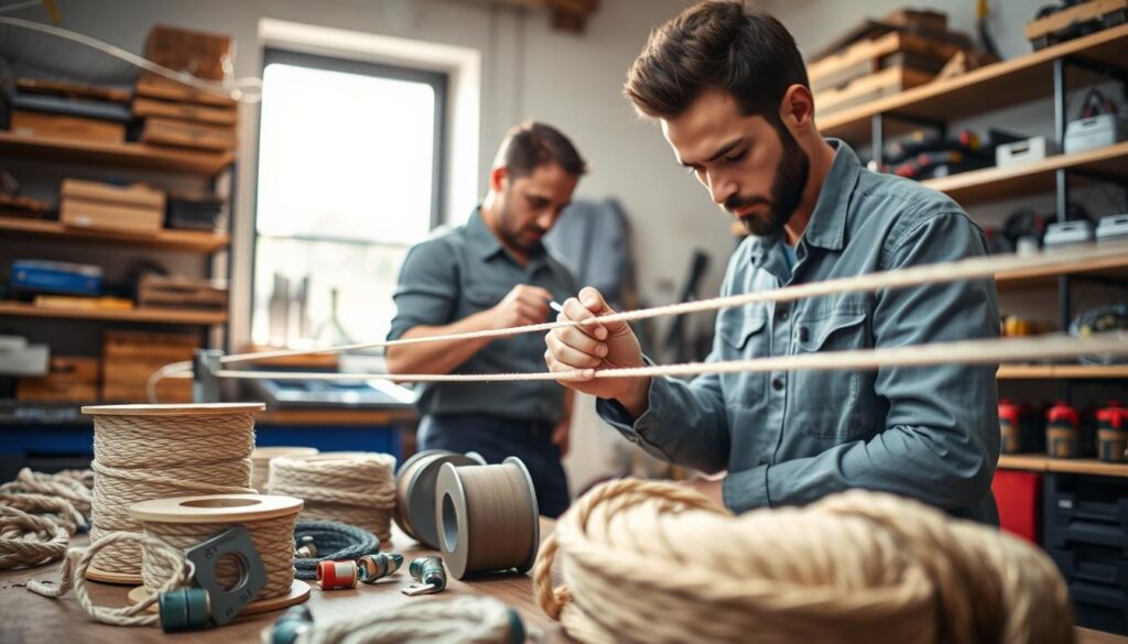 A skilled technician in a well-organized workshop, focused on carefully restringing a washing line in Pretoria. In the foreground, display a close-up of various washing line parts, including spools, ropes, and connectors, all neatly arranged on a workbench. The middle layer should feature the technician, dressed in modest casual work attire, intently working on a washing line, utilizing tools like pliers and a screwdriver. In the background, show shelves with organized tools and equipment, and a window allowing natural light to pour in, creating a warm and inviting atmosphere. The overall image should evoke feelings of reliability and professionalism, with soft lighting that highlights the technician’s precise movements and the quality of the materials used. A skilled technician in a well-organized workshop, focused on carefully restringing a washing line in Pretoria. In the foreground, display a close-up of various washing line parts, including spools, ropes, and connectors, all neatly arranged on a workbench. The middle layer should feature the technician, dressed in modest casual work attire, intently working on a washing line, utilizing tools like pliers and a screwdriver. In the background, show shelves with organized tools and equipment, and a window allowing natural light to pour in, creating a warm and inviting atmosphere. The overall image should evoke feelings of reliability and professionalism, with soft lighting that highlights the technician’s precise movements and the quality of the materials used.