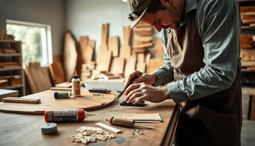 A skilled wood veneer repair expert carefully restoring a piece of fine furniture. In the foreground, the technician, dressed in a professional work shirt and apron, is examining a damaged wooden surface with scratches and chips. They are using precision tools, such as a putty knife and wood filler, to address the lifting veneer. In the middle ground, various tools and materials are neatly arranged on a workbench, showcasing wood glue, fine sandpaper, and matching wood stains. The background features a well-lit workshop, filled with shelves of wood pieces and repair supplies. Soft daylight filters through a window, creating a warm and inviting atmosphere, emphasizing the craftsmanship and attention to detail in furniture refinishing. A skilled wood veneer repair expert carefully restoring a piece of fine furniture. In the foreground, the technician, dressed in a professional work shirt and apron, is examining a damaged wooden surface with scratches and chips. They are using precision tools, such as a putty knife and wood filler, to address the lifting veneer. In the middle ground, various tools and materials are neatly arranged on a workbench, showcasing wood glue, fine sandpaper, and matching wood stains. The background features a well-lit workshop, filled with shelves of wood pieces and repair supplies. Soft daylight filters through a window, creating a warm and inviting atmosphere, emphasizing the craftsmanship and attention to detail in furniture refinishing.