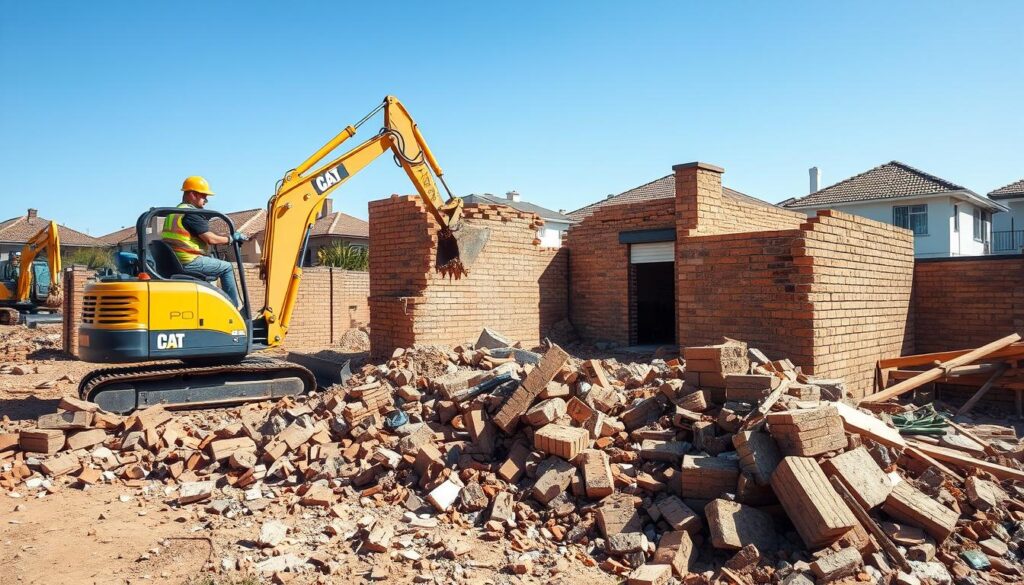 A small-scale demolition site in Pretoria, showcasing the process of tearing down an outbuilding. In the foreground, a professional crew wearing safety gear operates heavy machinery, like a mini excavator and a hydraulic breaker, expertly dismantling brick walls. In the middle ground, rubble and debris scatter around, with partially fallen walls and stacks of bricks, highlighting the active demolition. The background features a clear blue sky and typical Pretoria architecture, emphasizing urban development. The lighting is bright and natural, casting clear shadows to enhance the textures of the debris. The angle is slightly elevated, providing an overview that captures both the action and the environment, conveying a mood of industriousness and professionalism. A small-scale demolition site in Pretoria, showcasing the process of tearing down an outbuilding. In the foreground, a professional crew wearing safety gear operates heavy machinery, like a mini excavator and a hydraulic breaker, expertly dismantling brick walls. In the middle ground, rubble and debris scatter around, with partially fallen walls and stacks of bricks, highlighting the active demolition. The background features a clear blue sky and typical Pretoria architecture, emphasizing urban development. The lighting is bright and natural, casting clear shadows to enhance the textures of the debris. The angle is slightly elevated, providing an overview that captures both the action and the environment, conveying a mood of industriousness and professionalism.