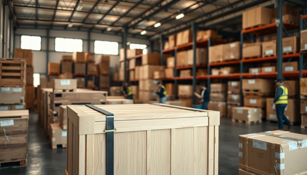 A spacious, well-lit warehouse interior filled with various crated items, showcasing a variety of wooden and cardboard crates. In the foreground, a professional in business attire carefully secures a large crate with heavy-duty straps, demonstrating an effective crating solution. In the middle ground, additional workers are seen stacking crates and organizing materials for transport, emphasizing teamwork. The background reveals shelves filled with neatly labeled crates ready for local, national, and export deliveries. Soft, diffused natural light filters through large windows, creating a warm and professional atmosphere. The overall mood conveys efficiency, safety, and a dedication to high-quality protective wrapping and crating services. A slight depth of field highlights the worker in the foreground, with a focus on the textures of the crates and packaging materials. A spacious, well-lit warehouse interior filled with various crated items, showcasing a variety of wooden and cardboard crates. In the foreground, a professional in business attire carefully secures a large crate with heavy-duty straps, demonstrating an effective crating solution. In the middle ground, additional workers are seen stacking crates and organizing materials for transport, emphasizing teamwork. The background reveals shelves filled with neatly labeled crates ready for local, national, and export deliveries. Soft, diffused natural light filters through large windows, creating a warm and professional atmosphere. The overall mood conveys efficiency, safety, and a dedication to high-quality protective wrapping and crating services. A slight depth of field highlights the worker in the foreground, with a focus on the textures of the crates and packaging materials.