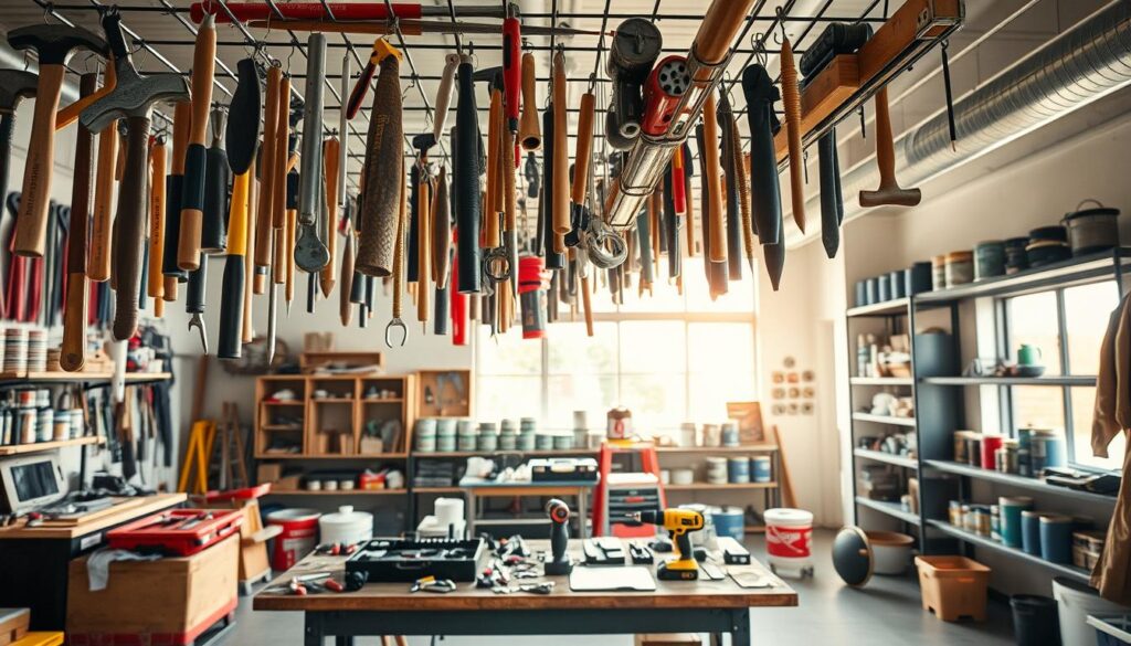 A spacious workshop interior, showcasing a visually striking hanging installation of tools and materials commonly used by a handyman in Meyersdal. In the foreground, focus on a variety of essential handyman tools such as hammers, screwdrivers, and levels, creatively suspended from a grid overhead. In the middle ground, place a workbench cluttered with parts, a cordless drill, and a toolbox, illuminated by warm, natural light filtering through large windows. The background features organized shelves with paint cans and hardware, giving a sense of activity and professionalism. Capture the mood of a productive, inviting workspace, using a wide-angle lens to emphasize depth and clarity, while maintaining a clean and safe environment free of distractions. A spacious workshop interior, showcasing a visually striking hanging installation of tools and materials commonly used by a handyman in Meyersdal. In the foreground, focus on a variety of essential handyman tools such as hammers, screwdrivers, and levels, creatively suspended from a grid overhead. In the middle ground, place a workbench cluttered with parts, a cordless drill, and a toolbox, illuminated by warm, natural light filtering through large windows. The background features organized shelves with paint cans and hardware, giving a sense of activity and professionalism. Capture the mood of a productive, inviting workspace, using a wide-angle lens to emphasize depth and clarity, while maintaining a clean and safe environment free of distractions.
