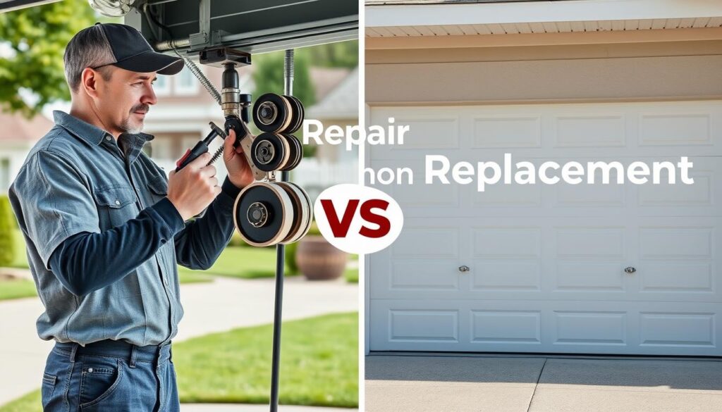 A split image illustrating "Repair vs Replacement" of a garage door. In the foreground, on the left, a professional technician in modest casual clothing is inspecting a garage door mechanism, focusing on the rollers and pulleys, with tools in hand and a thoughtful expression. On the right, a partially opened garage door reveals a new, sleek model, highlighting the contrast between old and new. The middle section showcases the details of worn-out components juxtaposed with shiny replacements. The background features a suburban setting with a well-kept driveway. The lighting is bright and even, as if during midday, casting soft shadows. The angle is slightly elevated, capturing both sides in a balanced composition, conveying a sense of choice and decision-making in a calm, informative atmosphere. A split image illustrating "Repair vs Replacement" of a garage door. In the foreground, on the left, a professional technician in modest casual clothing is inspecting a garage door mechanism, focusing on the rollers and pulleys, with tools in hand and a thoughtful expression. On the right, a partially opened garage door reveals a new, sleek model, highlighting the contrast between old and new. The middle section showcases the details of worn-out components juxtaposed with shiny replacements. The background features a suburban setting with a well-kept driveway. The lighting is bright and even, as if during midday, casting soft shadows. The angle is slightly elevated, capturing both sides in a balanced composition, conveying a sense of choice and decision-making in a calm, informative atmosphere.