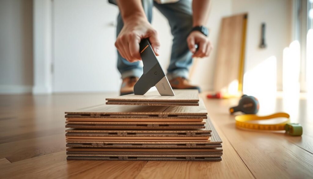 A step-by-step illustration of the laminate click-lock removal process, capturing a close-up of a professional wearing modest casual clothing, gently prying up a laminate flooring plank. In the foreground, focus on a sturdy pry bar and a piece of laminate flooring being lifted, demonstrating the click-lock mechanism. The middle ground showcases several neatly stacked planks, highlighting their interlocking edges. In the background, a clean and organized workspace with tools such as a utility knife and a measuring tape is visible. Warm, natural lighting floods the scene, creating an inviting atmosphere, while a slight depth of field blurs the background slightly to emphasize the removal action. The overall mood is efficient and professional, conducive to a flooring project. A step-by-step illustration of the laminate click-lock removal process, capturing a close-up of a professional wearing modest casual clothing, gently prying up a laminate flooring plank. In the foreground, focus on a sturdy pry bar and a piece of laminate flooring being lifted, demonstrating the click-lock mechanism. The middle ground showcases several neatly stacked planks, highlighting their interlocking edges. In the background, a clean and organized workspace with tools such as a utility knife and a measuring tape is visible. Warm, natural lighting floods the scene, creating an inviting atmosphere, while a slight depth of field blurs the background slightly to emphasize the removal action. The overall mood is efficient and professional, conducive to a flooring project.