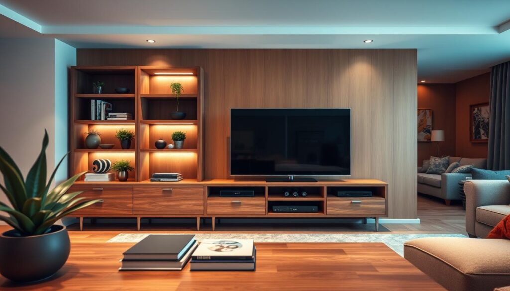 A stylish, custom media unit designed for a modern living room, featuring sleek wooden shelves and compartments tailored to fit a large flat-screen television. The foreground showcases neatly arranged decorative items such as plants and books in contemporary styles. In the middle ground, the media unit stands against a warm-toned wall, with subtle lighting that highlights the natural grain of the wood. The background displays a cozy living space with a plush sofa and warm, ambient lighting, evoking a welcoming atmosphere. Soft shadows and a balanced composition create a serene mood, with the lens capturing the richness of colors in a slightly elevated angle, enhancing the elegance of the bespoke joinery and the overall aesthetic of the room. A stylish, custom media unit designed for a modern living room, featuring sleek wooden shelves and compartments tailored to fit a large flat-screen television. The foreground showcases neatly arranged decorative items such as plants and books in contemporary styles. In the middle ground, the media unit stands against a warm-toned wall, with subtle lighting that highlights the natural grain of the wood. The background displays a cozy living space with a plush sofa and warm, ambient lighting, evoking a welcoming atmosphere. Soft shadows and a balanced composition create a serene mood, with the lens capturing the richness of colors in a slightly elevated angle, enhancing the elegance of the bespoke joinery and the overall aesthetic of the room.