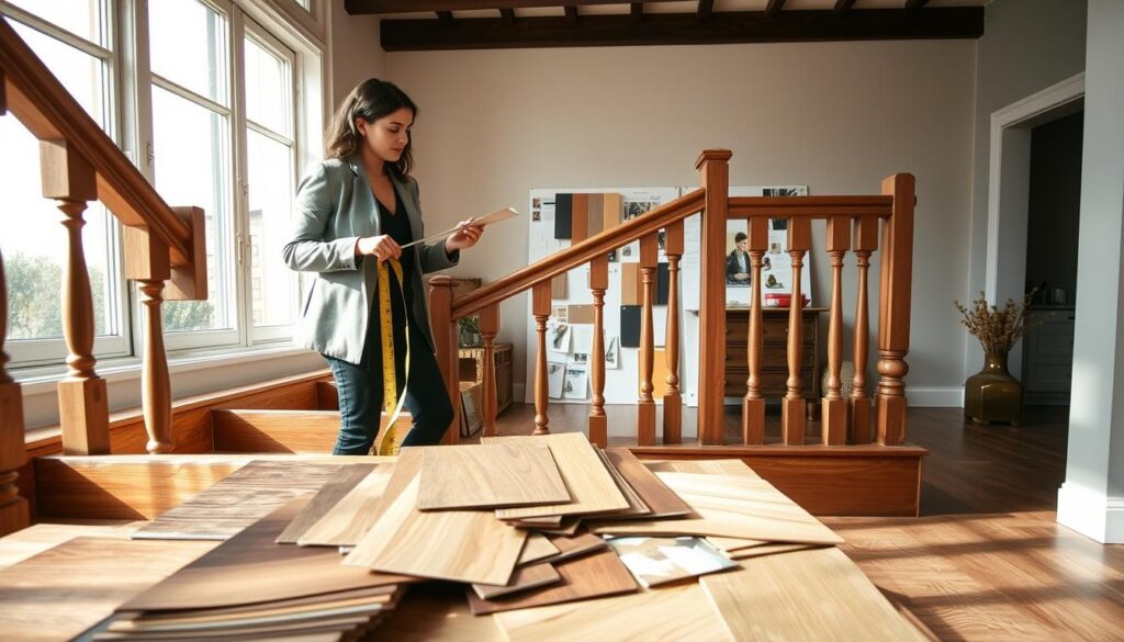 A stylish home interior in Pretoria, showcasing a staircase planning scene. In the foreground, a wooden staircase with worn banisters is surrounded by samples of wood finishes and varnishes. A professional designer in smart casual attire examines the materials, with a measuring tape draped over the banister. In the middle ground, a mood board displays color palettes and design ideas for staircase refreshment. The background features a well-lit room with large windows, casting soft, natural light that highlights the textures of the wood and samples. The atmosphere is creative and inspiring, reflecting a space where thoughtful renovations are planned. The angle captures both the designer and the items, inviting viewers into the decision-making process. A stylish home interior in Pretoria, showcasing a staircase planning scene. In the foreground, a wooden staircase with worn banisters is surrounded by samples of wood finishes and varnishes. A professional designer in smart casual attire examines the materials, with a measuring tape draped over the banister. In the middle ground, a mood board displays color palettes and design ideas for staircase refreshment. The background features a well-lit room with large windows, casting soft, natural light that highlights the textures of the wood and samples. The atmosphere is creative and inspiring, reflecting a space where thoughtful renovations are planned. The angle captures both the designer and the items, inviting viewers into the decision-making process.