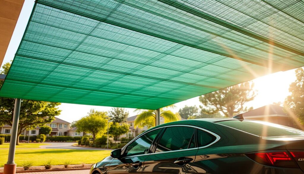 A sunlit carport featuring durable shade netting, designed for optimal cooling and protection from the elements. In the foreground, a sleek, modern car is parked beneath the shade, showcasing its glossy finish. The middle ground captures the robust structure of the carport, with tightly woven green netting stretched overhead, filtering sunlight while allowing airflow. In the background, the peaceful suburbs of Pretoria are visible, with lush trees and neatly manicured lawns, enhancing the serene atmosphere. The scene is bathed in warm, inviting light, conveying a sense of safety and comfort. Use a slightly elevated angle to emphasize the shade netting’s craftsmanship and the car's sleek lines, creating a professional yet approachable ambiance. A sunlit carport featuring durable shade netting, designed for optimal cooling and protection from the elements. In the foreground, a sleek, modern car is parked beneath the shade, showcasing its glossy finish. The middle ground captures the robust structure of the carport, with tightly woven green netting stretched overhead, filtering sunlight while allowing airflow. In the background, the peaceful suburbs of Pretoria are visible, with lush trees and neatly manicured lawns, enhancing the serene atmosphere. The scene is bathed in warm, inviting light, conveying a sense of safety and comfort. Use a slightly elevated angle to emphasize the shade netting’s craftsmanship and the car's sleek lines, creating a professional yet approachable ambiance.