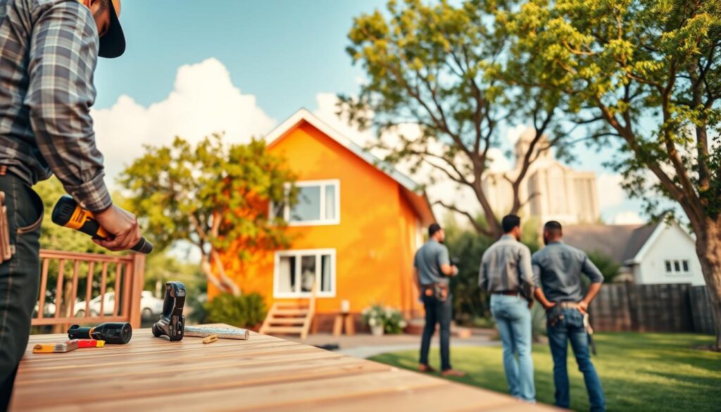 A team of professional handymen in smart casual attire is working on a home improvement project in a residential area of Montana, Pretoria. In the foreground, a handyman repairs a wooden deck, showcasing tools like a drill and saw. In the middle ground, another team member is painting a vibrant exterior wall of a cozy house, surrounded by lush green trees. The background features the iconic Union Buildings in soft focus, bathed in warm afternoon sunlight. The atmosphere is bustling yet calm, reflecting a positive and productive vibe typical of home improvement tasks. The image captures a clear sky and fluffy clouds, suggesting a beautiful day for outdoor work. The scene is framed with a slight tilt, enhancing the dynamic nature of the work being done. A team of professional handymen in smart casual attire is working on a home improvement project in a residential area of Montana, Pretoria. In the foreground, a handyman repairs a wooden deck, showcasing tools like a drill and saw. In the middle ground, another team member is painting a vibrant exterior wall of a cozy house, surrounded by lush green trees. The background features the iconic Union Buildings in soft focus, bathed in warm afternoon sunlight. The atmosphere is bustling yet calm, reflecting a positive and productive vibe typical of home improvement tasks. The image captures a clear sky and fluffy clouds, suggesting a beautiful day for outdoor work. The scene is framed with a slight tilt, enhancing the dynamic nature of the work being done.