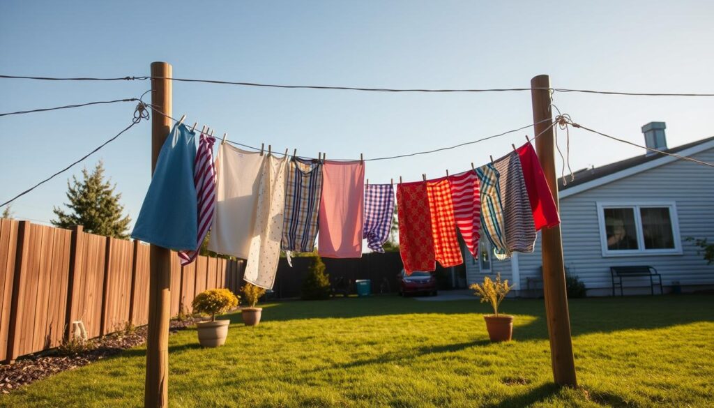 A tranquil backyard scene featuring a classic clothesline stretched between two sturdy wooden poles. In the foreground, a variety of colorful, freshly laundered clothes gently sway in the breeze, showcasing vibrant patterns and textures. The middle ground includes a neatly maintained lawn with a few potted plants adding pops of greenery. In the background, the soft silhouette of a cozy home can be seen against a clear blue sky, with the afternoon sunlight casting a warm, golden glow over the scene. The angle is slightly elevated, providing a glimpse of the clothesline's functionality while emphasizing the atmosphere of relaxation and domestic charm. The overall mood is warm and inviting, perfect for illustrating the concept of foldable and portable washing lines. A tranquil backyard scene featuring a classic clothesline stretched between two sturdy wooden poles. In the foreground, a variety of colorful, freshly laundered clothes gently sway in the breeze, showcasing vibrant patterns and textures. The middle ground includes a neatly maintained lawn with a few potted plants adding pops of greenery. In the background, the soft silhouette of a cozy home can be seen against a clear blue sky, with the afternoon sunlight casting a warm, golden glow over the scene. The angle is slightly elevated, providing a glimpse of the clothesline's functionality while emphasizing the atmosphere of relaxation and domestic charm. The overall mood is warm and inviting, perfect for illustrating the concept of foldable and portable washing lines.