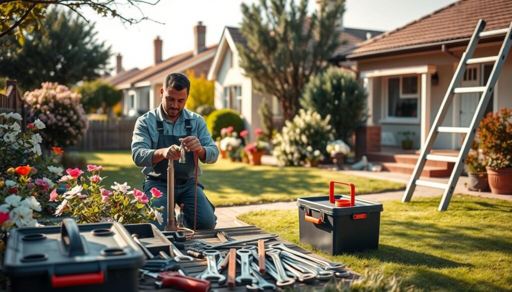 A tranquil residential street in Cullinan, Gauteng, showcasing a friendly handyman service in action. In the foreground, a skilled handyman, dressed in professional work attire, is repairing a leaky faucet in a cozy backyard, surrounded by blooming flowers and a manicured lawn. In the middle ground, various home maintenance tools like a toolbox, wrenches, and a ladder are neatly arranged, hinting at a busy day of repairs. In the background, charming houses with traditional architecture reflect the local style. Soft, natural lighting suggests a warm afternoon with shadows gently casting over the scene. The atmosphere is vibrant and welcoming, with a sense of community and dedication to home improvement. A tranquil residential street in Cullinan, Gauteng, showcasing a friendly handyman service in action. In the foreground, a skilled handyman, dressed in professional work attire, is repairing a leaky faucet in a cozy backyard, surrounded by blooming flowers and a manicured lawn. In the middle ground, various home maintenance tools like a toolbox, wrenches, and a ladder are neatly arranged, hinting at a busy day of repairs. In the background, charming houses with traditional architecture reflect the local style. Soft, natural lighting suggests a warm afternoon with shadows gently casting over the scene. The atmosphere is vibrant and welcoming, with a sense of community and dedication to home improvement.