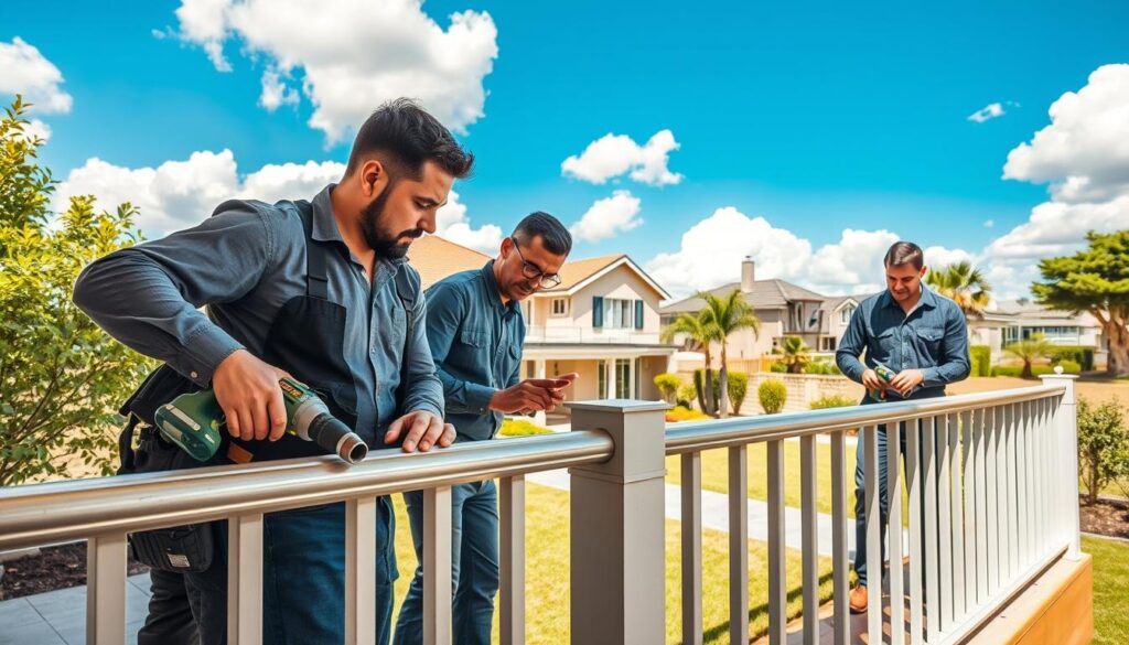 A trustworthy handyman team conducting maintenance work on a Fourways home. In the foreground, a diverse group of three professional handyman in smart, casual attire, using tools like a power drill and a wrench, focus on fixing a porch railing. In the middle ground, a well-kept suburban home with a well-manicured lawn, showcasing a contemporary architectural style. The background features a clear blue sky with soft, fluffy clouds, highlighting the vibrant greenery of the neighborhood. The scene is illuminated by warm, natural sunlight, creating a welcoming and reliable atmosphere. The angle captures an inviting view, encouraging confidence in home maintenance services. A trustworthy handyman team conducting maintenance work on a Fourways home. In the foreground, a diverse group of three professional handyman in smart, casual attire, using tools like a power drill and a wrench, focus on fixing a porch railing. In the middle ground, a well-kept suburban home with a well-manicured lawn, showcasing a contemporary architectural style. The background features a clear blue sky with soft, fluffy clouds, highlighting the vibrant greenery of the neighborhood. The scene is illuminated by warm, natural sunlight, creating a welcoming and reliable atmosphere. The angle captures an inviting view, encouraging confidence in home maintenance services.