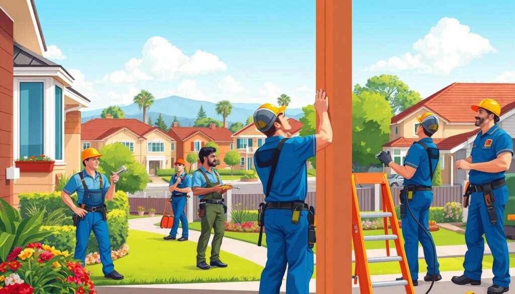 A vibrant and detailed illustration of a handyman team at work in Edenvale, showcasing nearby residential buildings and lush greenery. In the foreground, a diverse group of professional handymen, dressed in branded uniforms, are actively repairing a porch and fixing a leaky faucet. The middle ground features scenic views of suburban homes with neatly trimmed lawns and decorative gardens, embodying a friendly community atmosphere. The background displays a clear blue sky with a few fluffy clouds, indicating a warm and sunny day. The lighting is soft and natural, casting gentle shadows that highlight the hardworking characters. The overall mood is approachable and industrious, reflecting a dedicated service environment. A vibrant and detailed illustration of a handyman team at work in Edenvale, showcasing nearby residential buildings and lush greenery. In the foreground, a diverse group of professional handymen, dressed in branded uniforms, are actively repairing a porch and fixing a leaky faucet. The middle ground features scenic views of suburban homes with neatly trimmed lawns and decorative gardens, embodying a friendly community atmosphere. The background displays a clear blue sky with a few fluffy clouds, indicating a warm and sunny day. The lighting is soft and natural, casting gentle shadows that highlight the hardworking characters. The overall mood is approachable and industrious, reflecting a dedicated service environment.