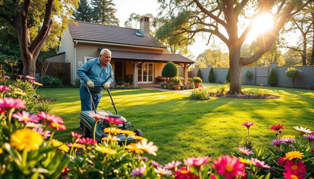 A vibrant and well-maintained garden scene at Kibler Park, Johannesburg South, showcasing a diligent handyman in smart casual attire tending to a lush lawn with gardening tools. In the foreground, colorful flowers bloom under the warm afternoon sunlight, adding splashes of color. The handyman, a middle-aged man with a friendly demeanor, is using a lawnmower, surrounded by greenery and a few gardening supplies. In the middle ground, a quaint home with a tiled roof and a well-kept garden can be seen, reflecting the essence of local businesses. The background features towering trees and softly diffused light filtering through the leaves, creating a peaceful neighborhood atmosphere. The scene conveys a sense of community and professionalism in home services. A vibrant and well-maintained garden scene at Kibler Park, Johannesburg South, showcasing a diligent handyman in smart casual attire tending to a lush lawn with gardening tools. In the foreground, colorful flowers bloom under the warm afternoon sunlight, adding splashes of color. The handyman, a middle-aged man with a friendly demeanor, is using a lawnmower, surrounded by greenery and a few gardening supplies. In the middle ground, a quaint home with a tiled roof and a well-kept garden can be seen, reflecting the essence of local businesses. The background features towering trees and softly diffused light filtering through the leaves, creating a peaceful neighborhood atmosphere. The scene conveys a sense of community and professionalism in home services.