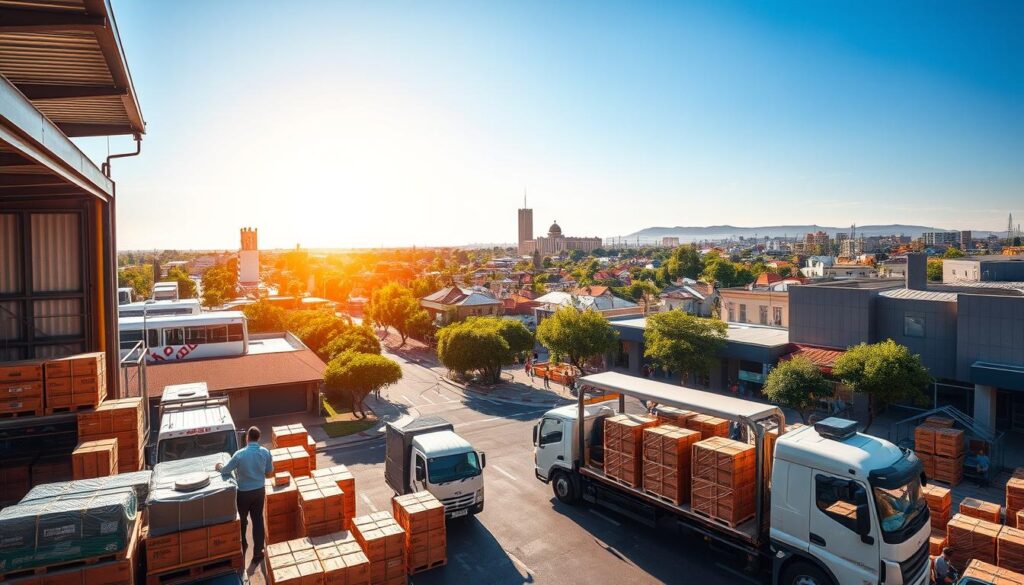 A vibrant cityscape of Pretoria showcasing its diverse neighborhoods, including commercial and residential areas, with clear blue skies overhead. In the foreground, a modern warehouse setting with workers in professional business attire carefully wrapping and crating various consignments. Medium-sized trucks are parked nearby, loaded with crates, emphasizing the logistics aspect. The middle ground reveals a bustling street scene with trees lining the sidewalks and typical Pretoria architecture. In the background, the iconic Union Buildings stand against a bright horizon, bathed in warm sunlight. The composition uses a wide-angle lens to capture both the action and the city’s essence, with a bright, professional atmosphere, conveying a sense of reliability and efficiency. A vibrant cityscape of Pretoria showcasing its diverse neighborhoods, including commercial and residential areas, with clear blue skies overhead. In the foreground, a modern warehouse setting with workers in professional business attire carefully wrapping and crating various consignments. Medium-sized trucks are parked nearby, loaded with crates, emphasizing the logistics aspect. The middle ground reveals a bustling street scene with trees lining the sidewalks and typical Pretoria architecture. In the background, the iconic Union Buildings stand against a bright horizon, bathed in warm sunlight. The composition uses a wide-angle lens to capture both the action and the city’s essence, with a bright, professional atmosphere, conveying a sense of reliability and efficiency.