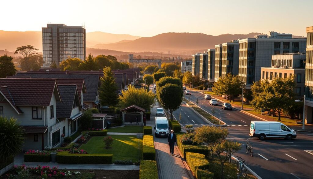 A vibrant cityscape showcasing both residential and commercial areas in Woodmead, Sandton, during golden hour lighting, with warm sunlight illuminating the scene. In the foreground, well-maintained homes with manicured gardens, featuring colorful flowers and neatly trimmed hedges alongside modern office buildings with glass facades. The middle ground features a busy street with professionals in smart attire walking, bicycles parked, and a delivery van. In the background, gentle hills and trees are silhouetted against a soft sunset sky, creating an inviting atmosphere. The overall mood is one of community and productivity, underscoring the balance between residential comfort and commercial activity in the area. A vibrant cityscape showcasing both residential and commercial areas in Woodmead, Sandton, during golden hour lighting, with warm sunlight illuminating the scene. In the foreground, well-maintained homes with manicured gardens, featuring colorful flowers and neatly trimmed hedges alongside modern office buildings with glass facades. The middle ground features a busy street with professionals in smart attire walking, bicycles parked, and a delivery van. In the background, gentle hills and trees are silhouetted against a soft sunset sky, creating an inviting atmosphere. The overall mood is one of community and productivity, underscoring the balance between residential comfort and commercial activity in the area.